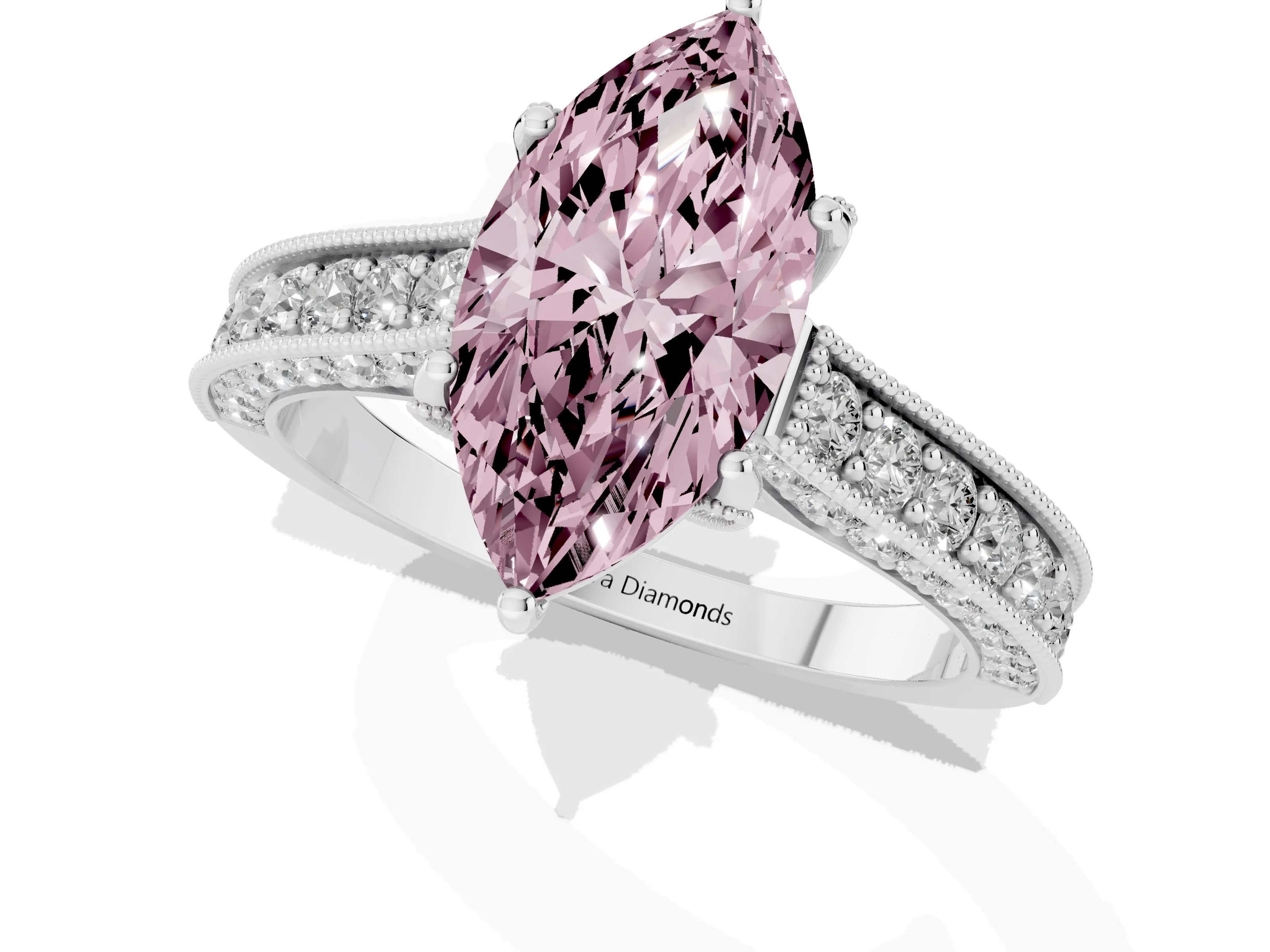Fancy Pink Marquise Cut Diamond Solitaire Ring Set in White gold with Milgrain-Edged Pavé Band and Prong Setting