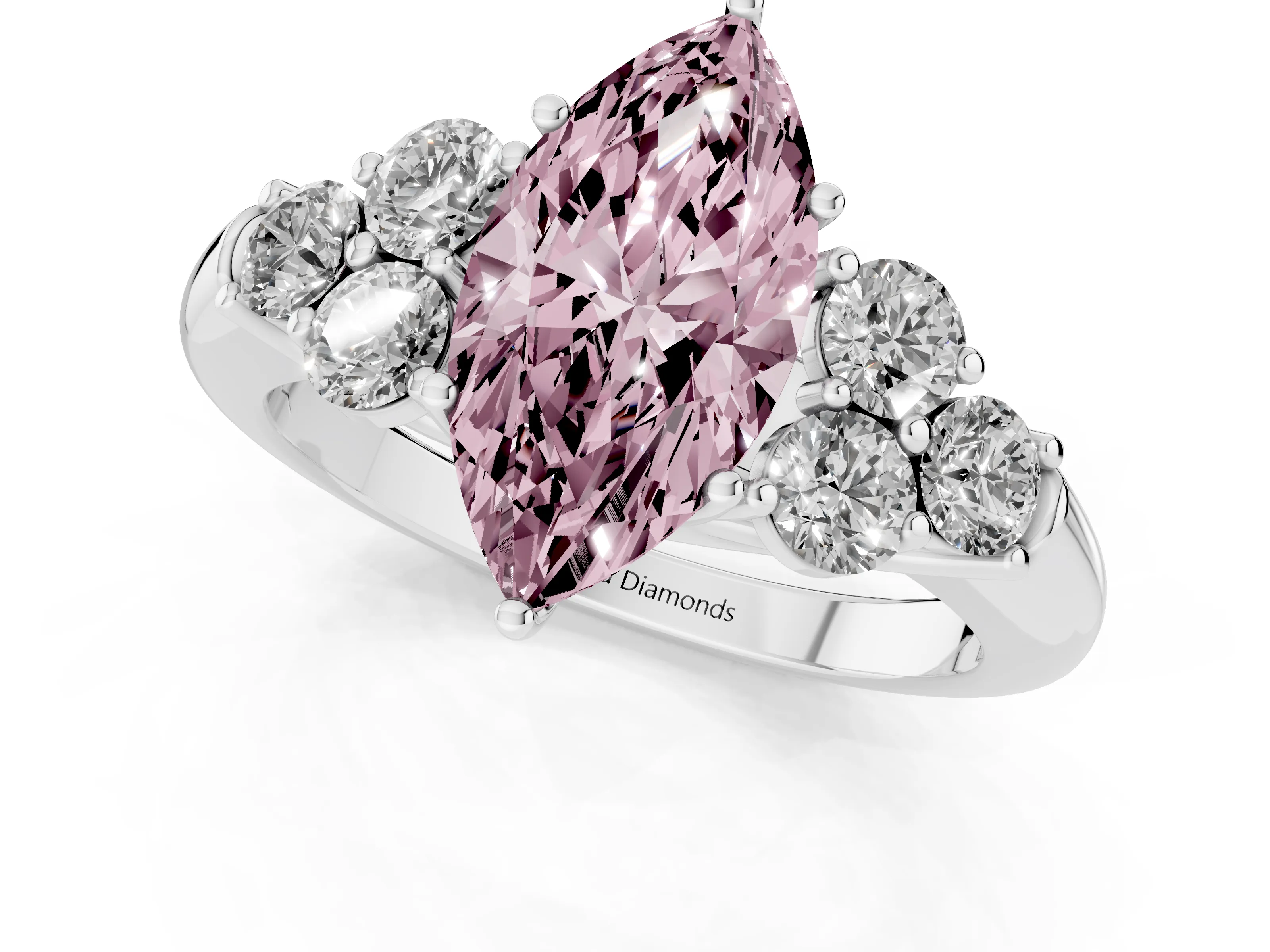 Fancy Pink Marquise Cut Diamond Cluster Ring Set in Platinum with Round Accent Stones and Prong Setting on a Plain Band
