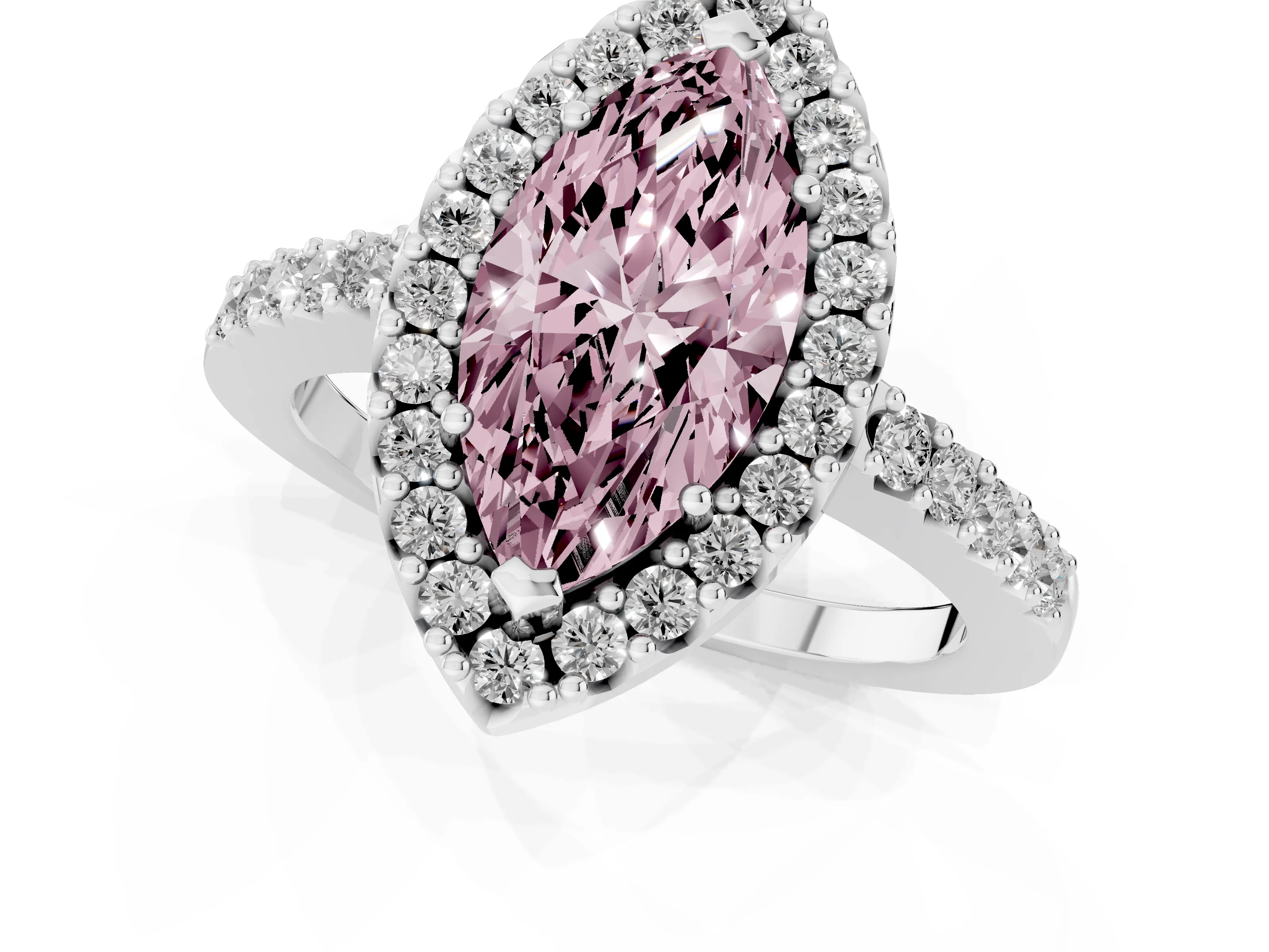 Fancy Pink Marquise Cut Diamond Halo Pavé Solitaire Ring Set in White gold with Prong-Set Center Stone