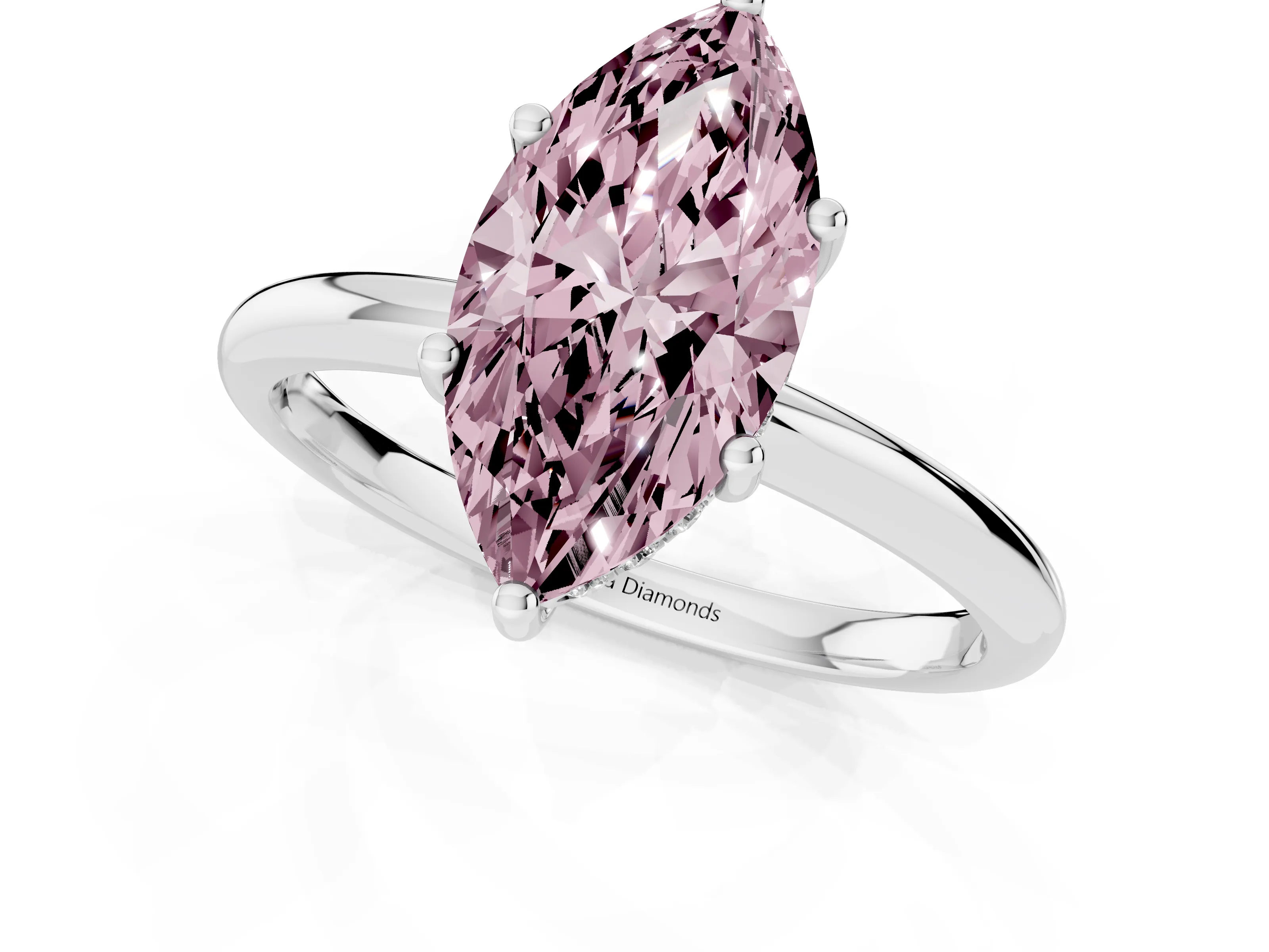 Fancy Pink Marquise Cut Diamond Solitaire Engagement Ring Set in Silver with Prong Setting and Polished Band