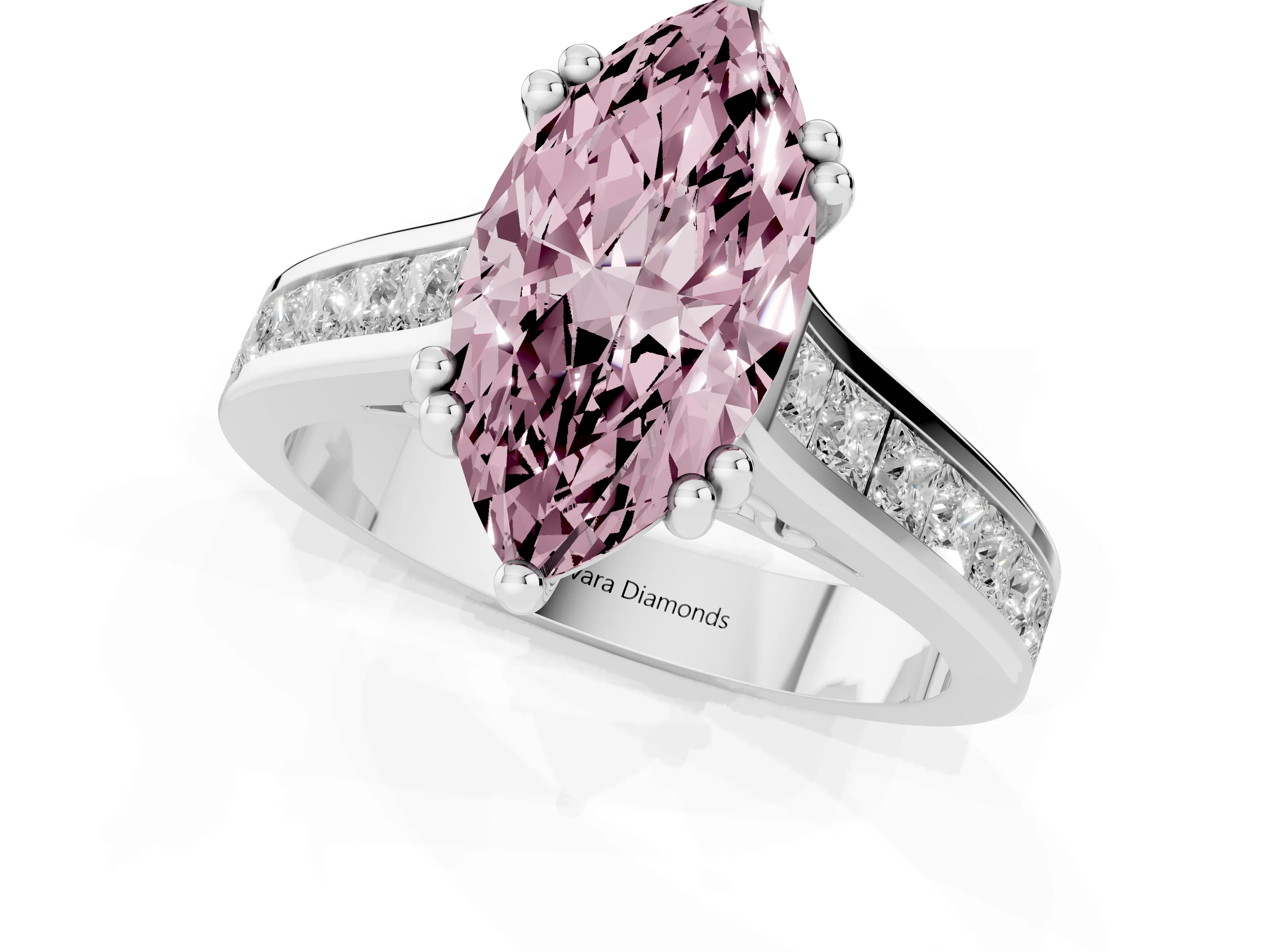 Fancy Pink Marquise Cut Diamond Channel Set Solitaire Engagement Ring Set in Silver with Prong Setting