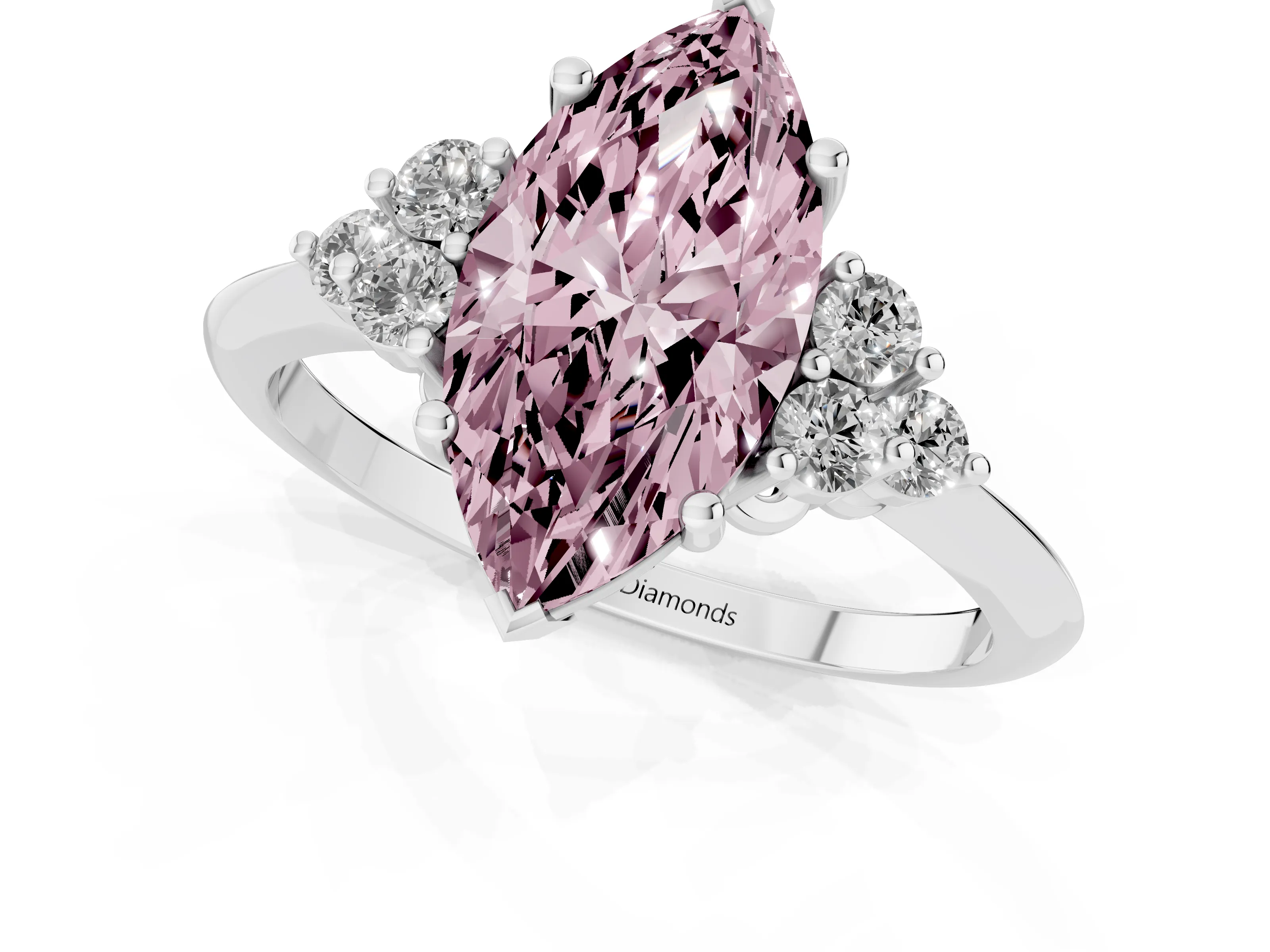 Fancy Pink Marquise Cut Diamond Cluster Ring Set in Platinum with Plain Band and Prong Setting