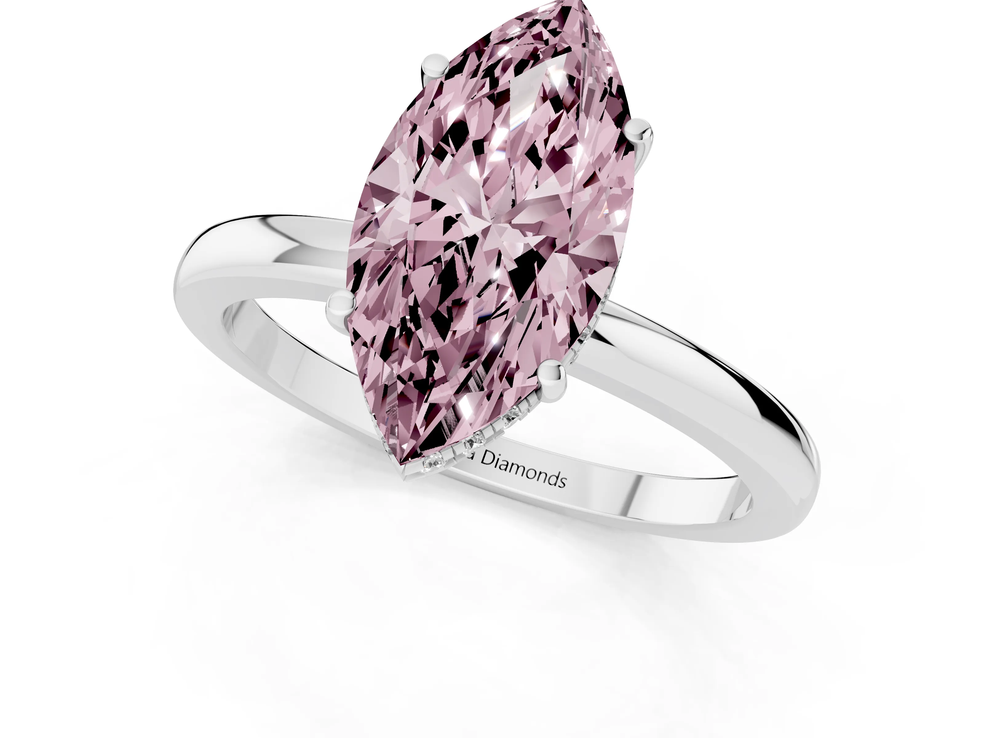 Fancy Pink Marquise Cut Diamond Solitaire Ring Set in Silver with Plain Band and Prong Setting