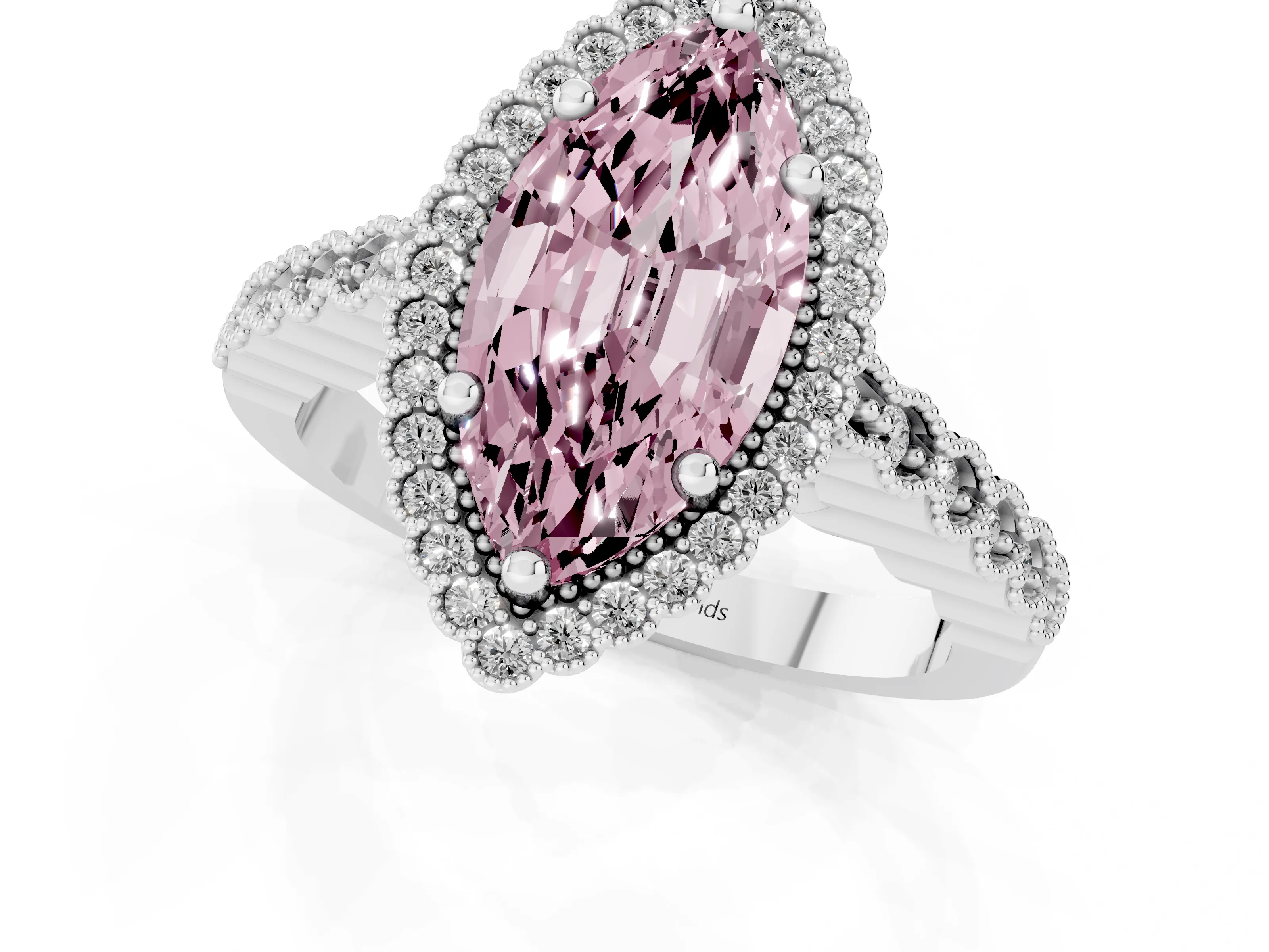 Fancy Pink Marquise Cut Diamond Halo Ring Set in Silver with Pavé Milgrain Band