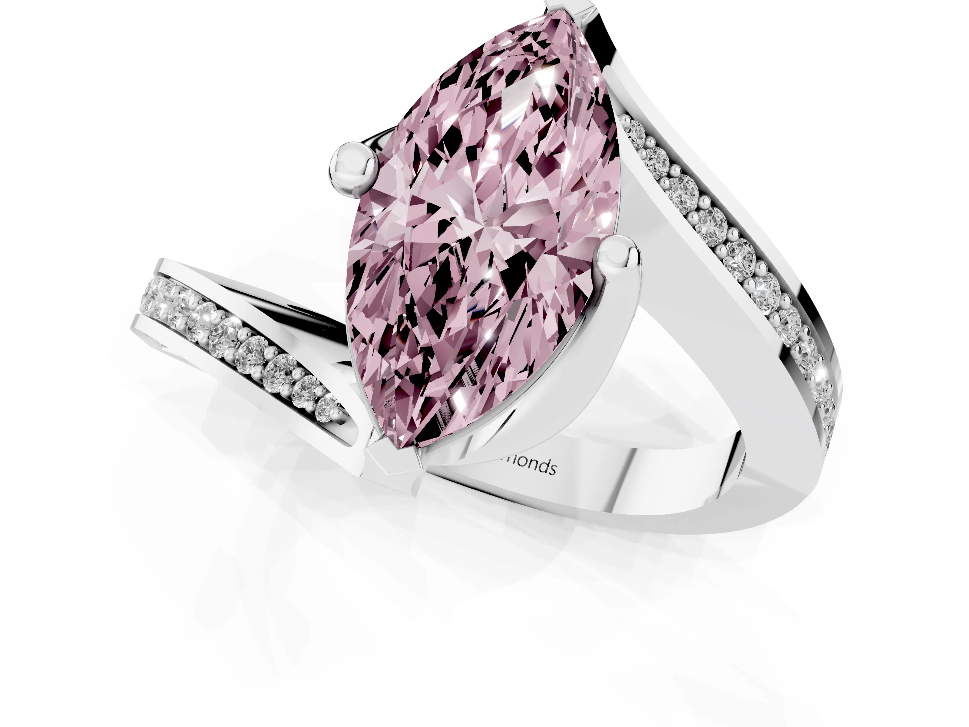 Fancy Pink Marquise Cut Diamond Solitaire Ring Set in Platinum with Intertwined Pavé Twist Band