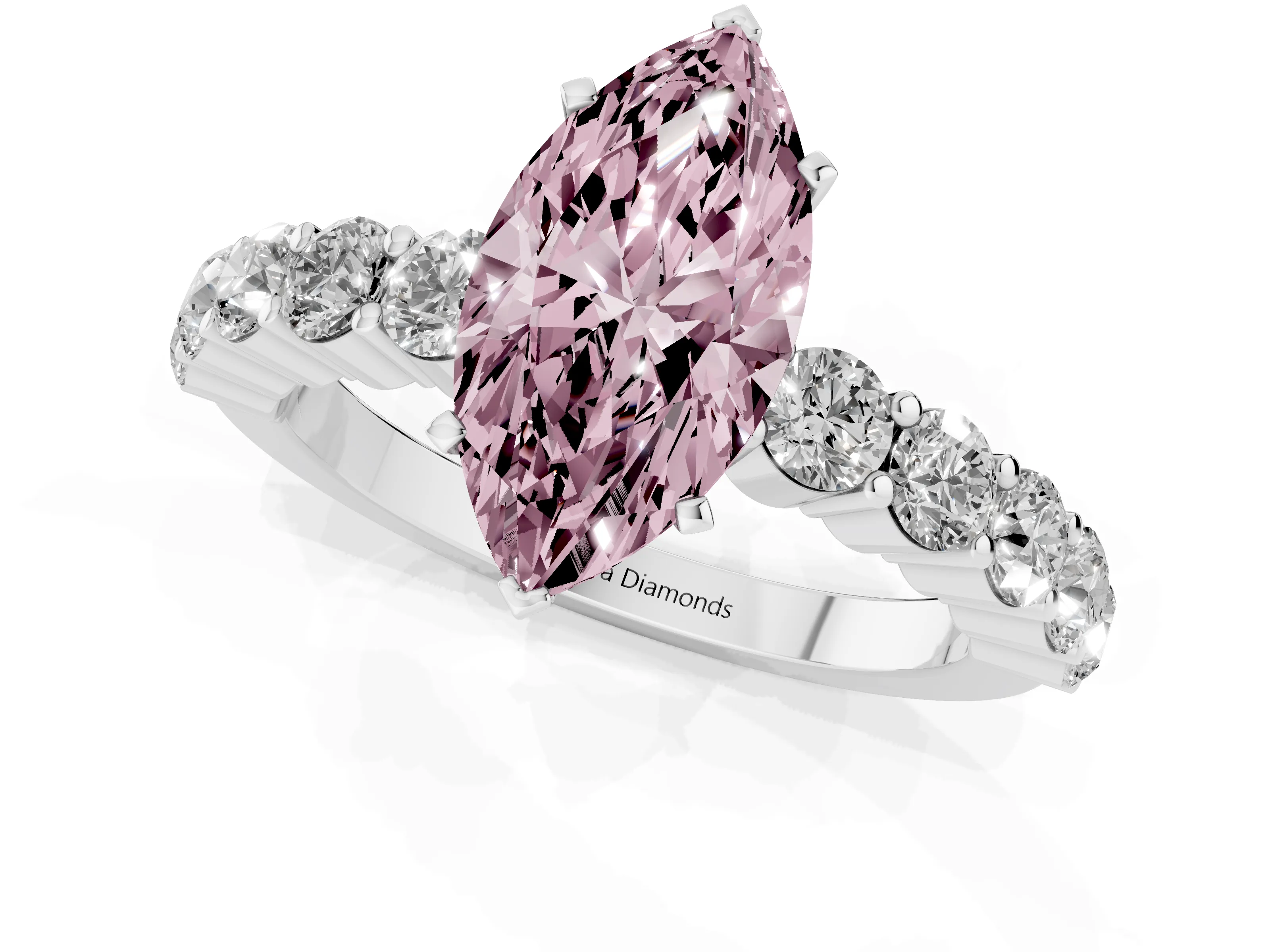 Fancy Pink Marquise Cut Diamond Solitaire Ring Set in Silver with Shared Prong Round Side Stones