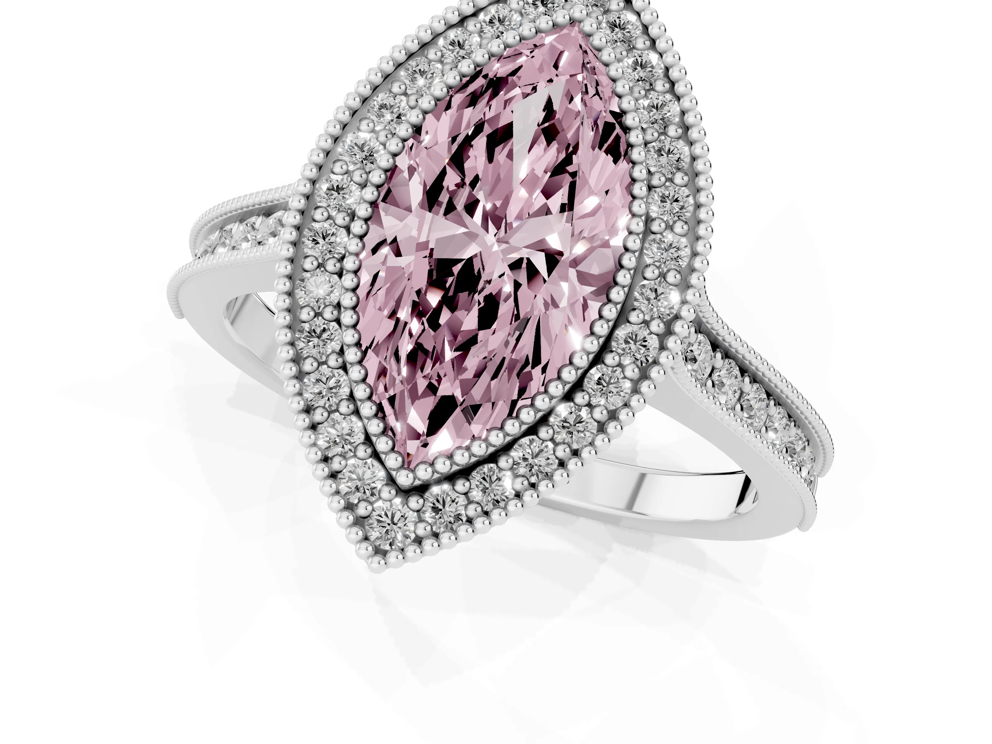 Fancy Pink Marquise Cut Diamond Halo Milgrain Pavé Band Ring Set in Platinum with Prong Setting