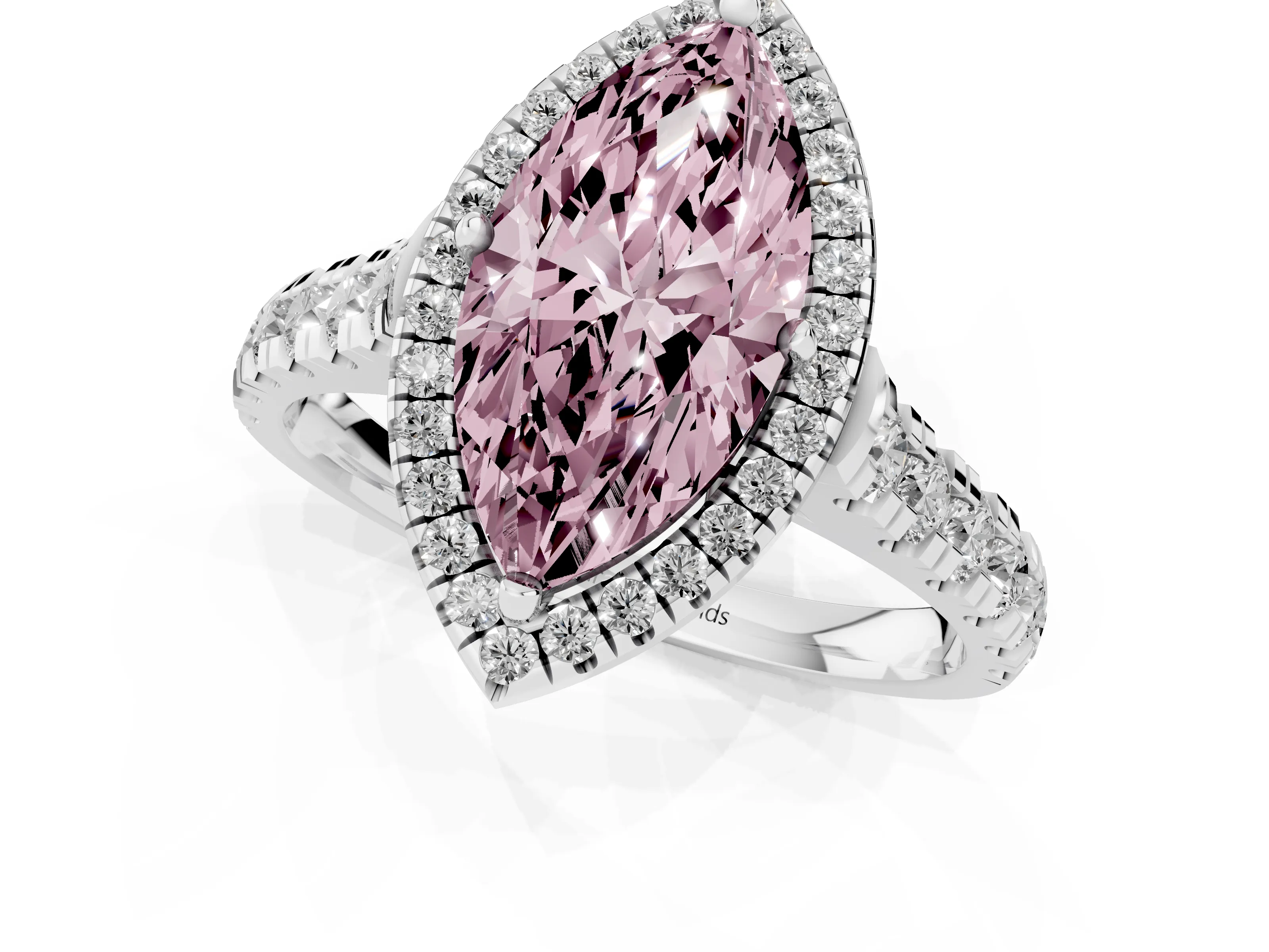 Fancy Pink Marquise Cut Diamond Halo Engagement Ring Set in Platinum with Pavé Band and Prong-Set Center
