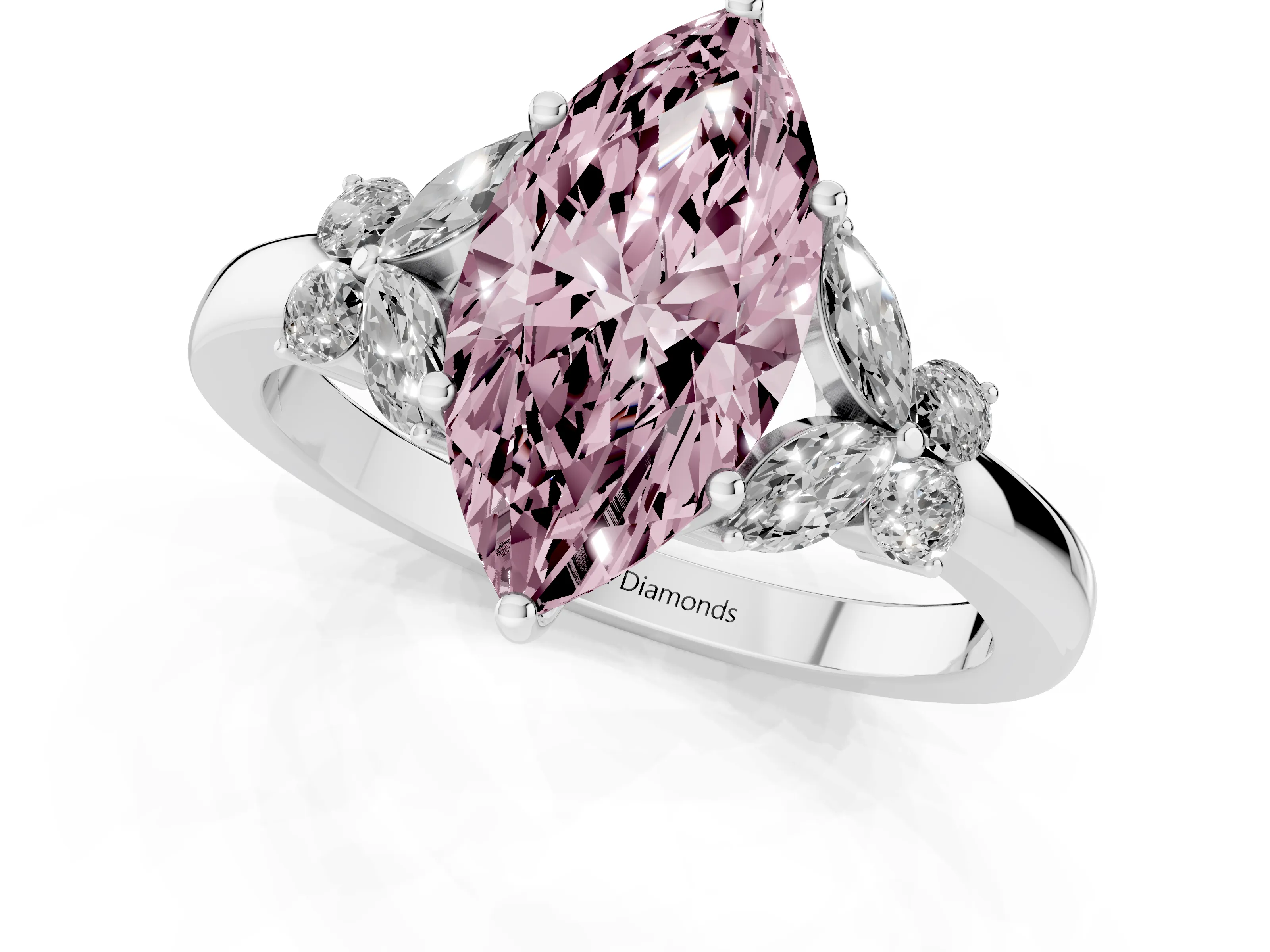 Fancy Pink Marquise Cut Diamond Solitaire Floral Ring Set in Platinum with Marquise Petals and Prong Setting