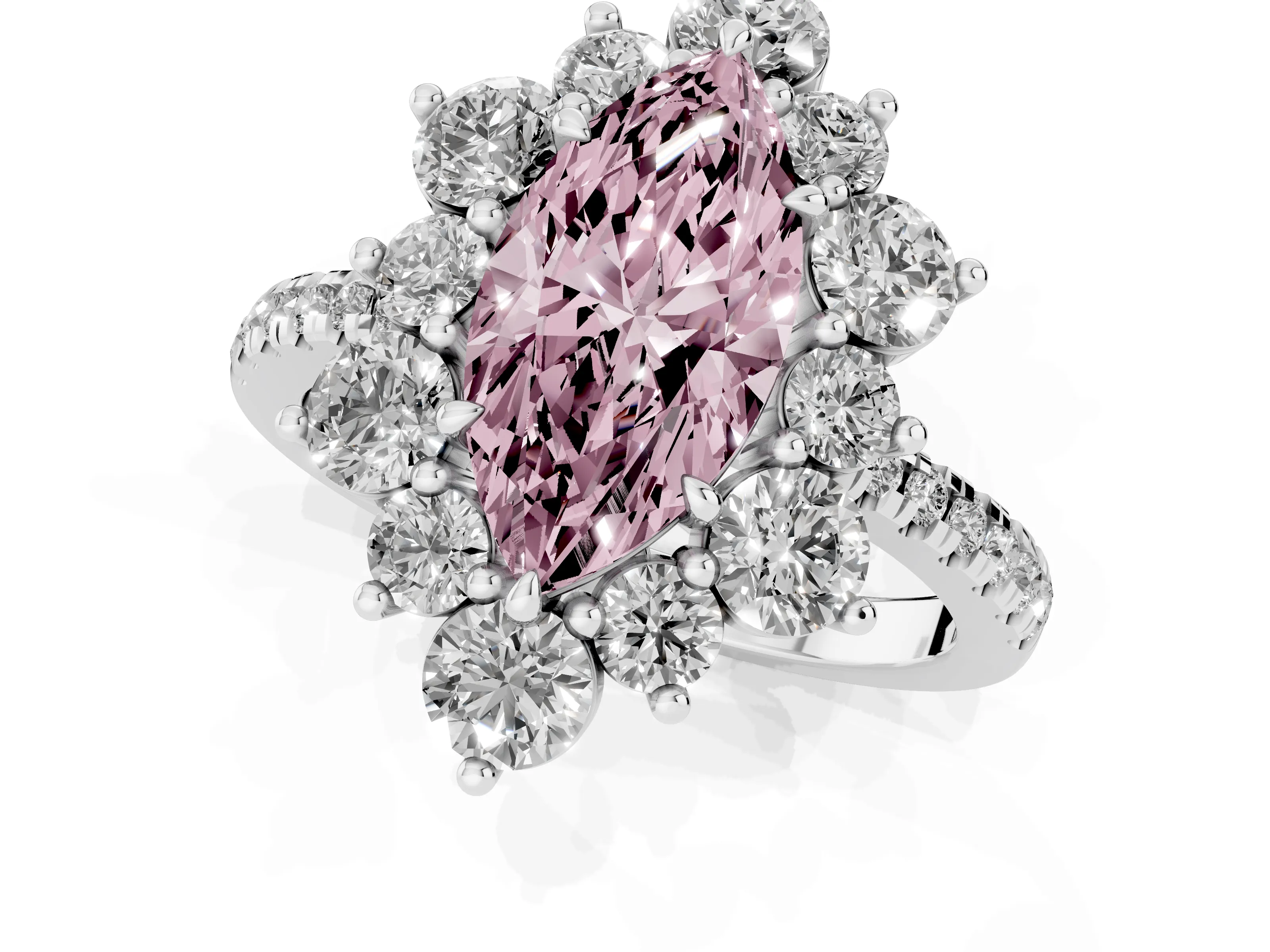 Fancy Pink Marquise Cut Diamond Floral Halo Ring Set in White gold with Round Pavé Band and Prong Setting