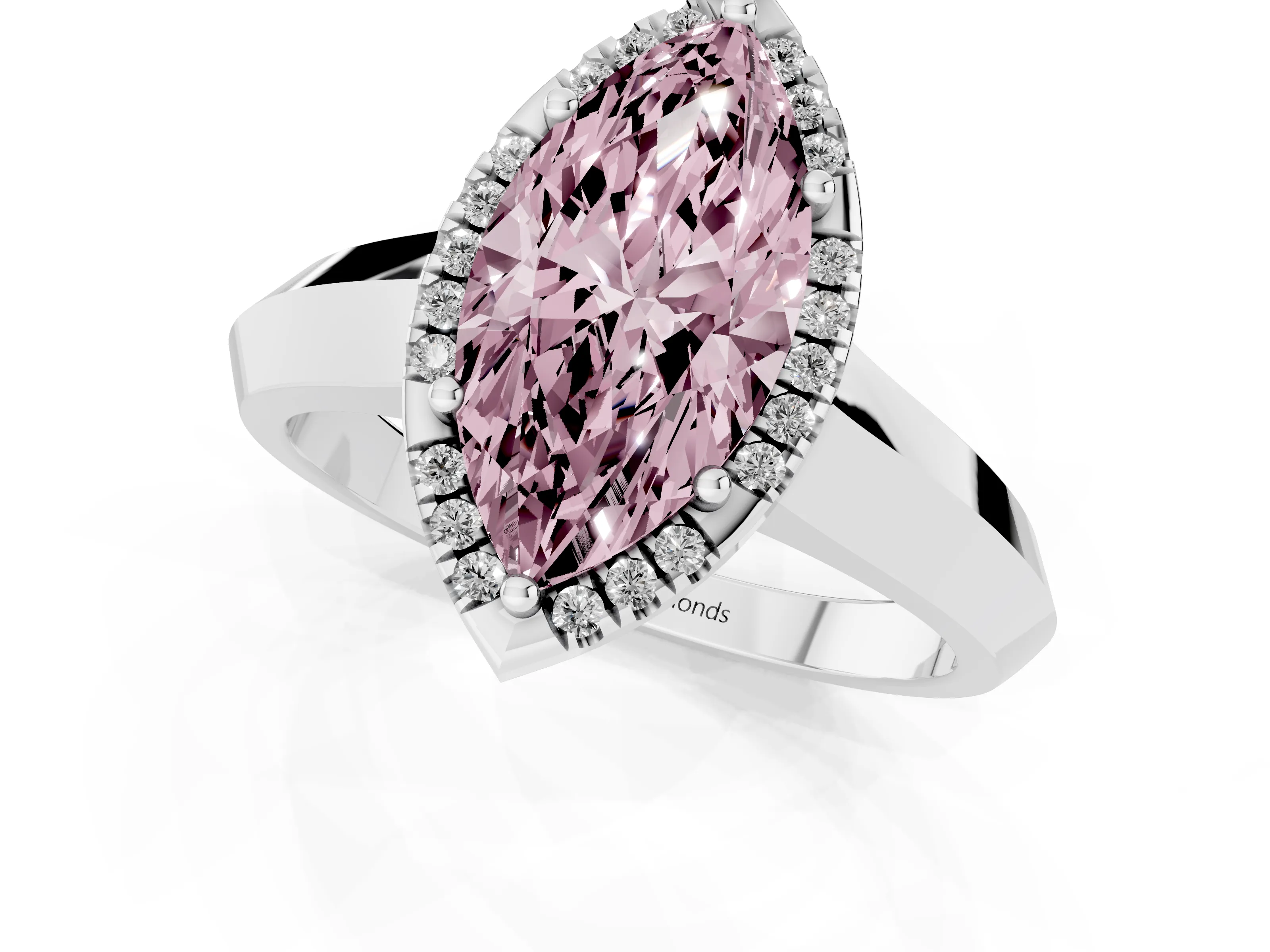 Fancy Pink Marquise Cut Diamond Halo Ring Set in White gold with Cathedral Band and Prong Setting