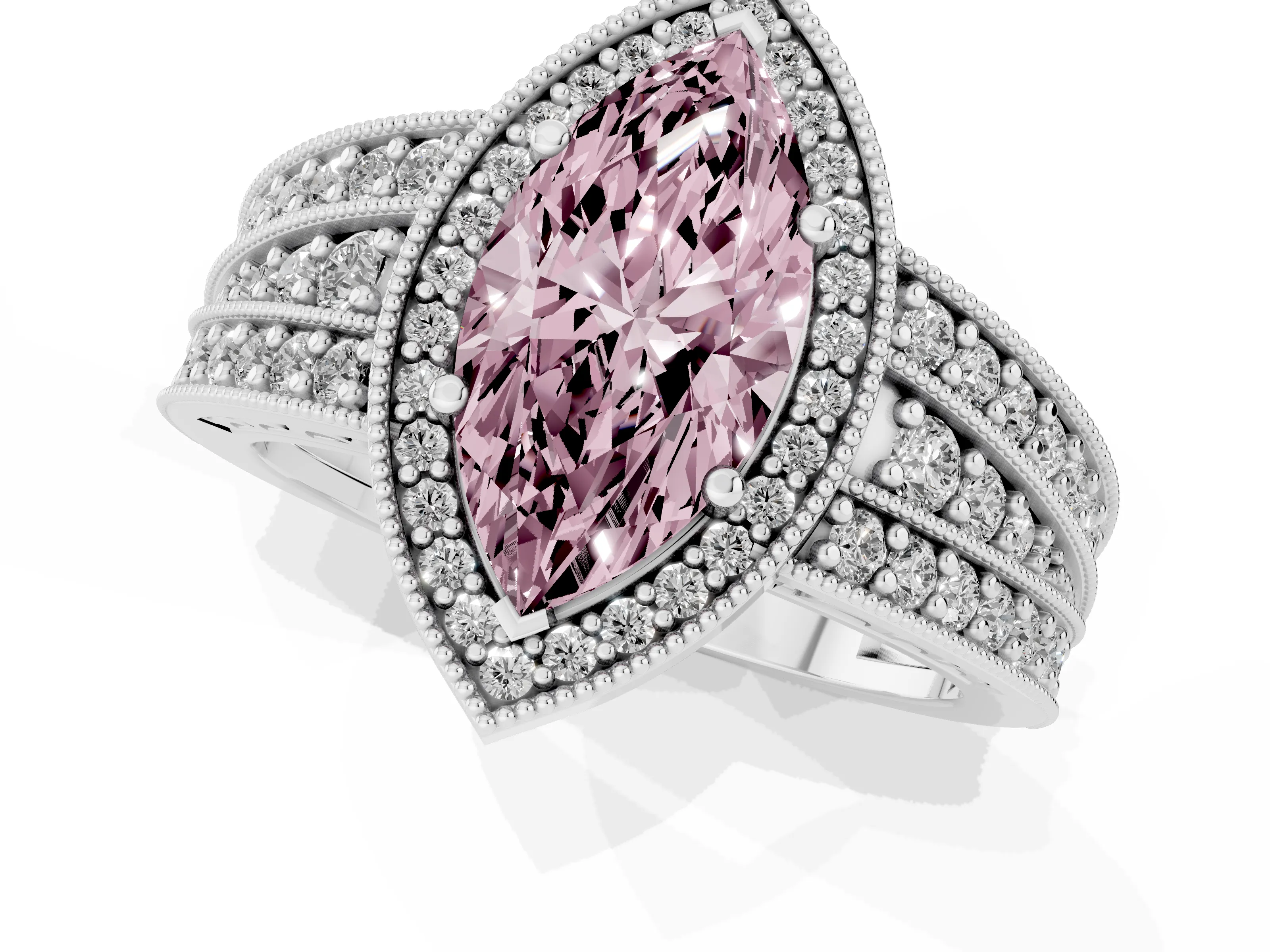 Fancy Pink Marquise Cut Diamond Halo Ring Set in Silver with Accent Split Shank and Prong Setting