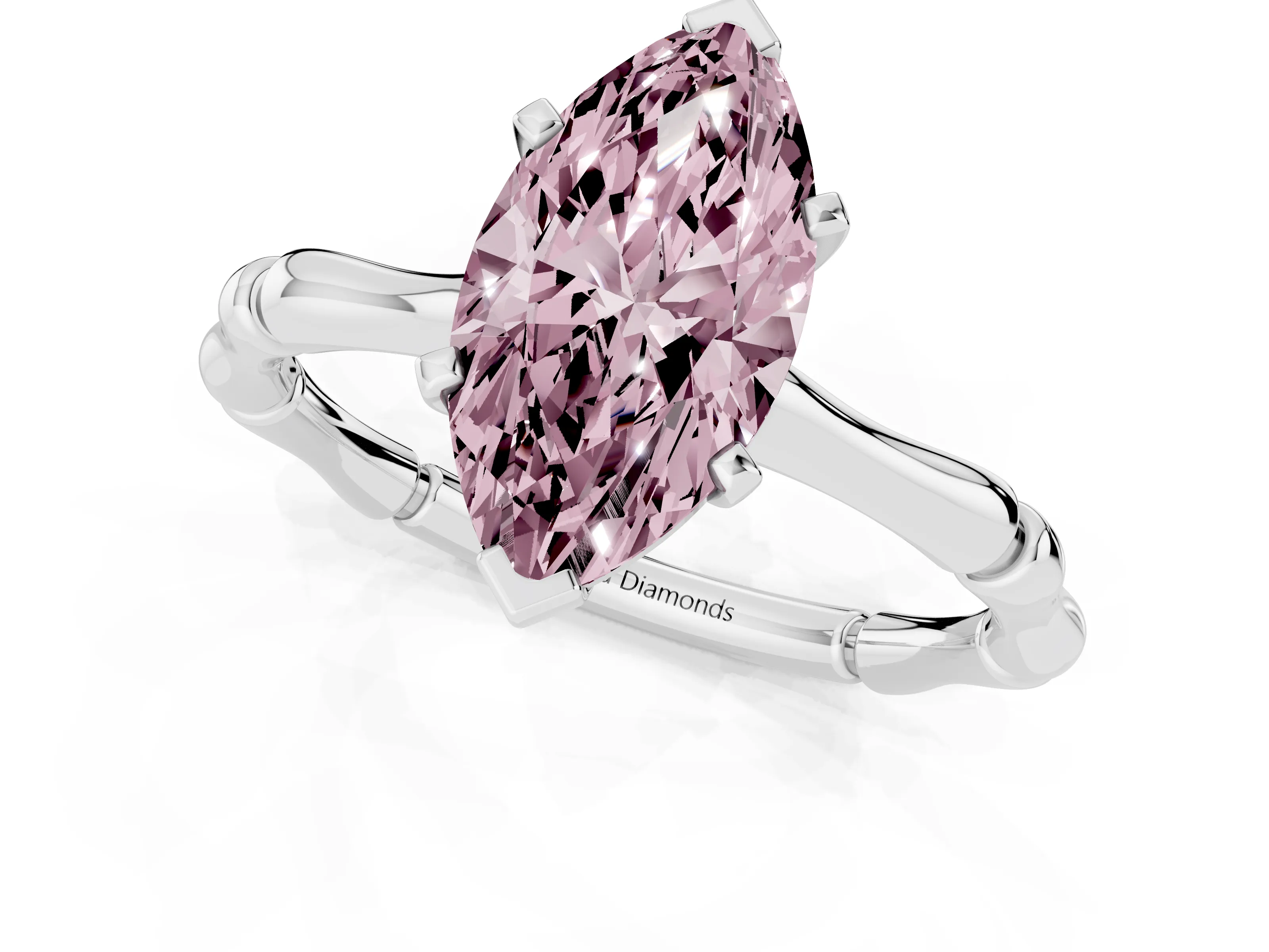 Fancy Pink Marquise Cut Diamond Solitaire Ring Set in Silver with Bamboo Band and Prong Setting
