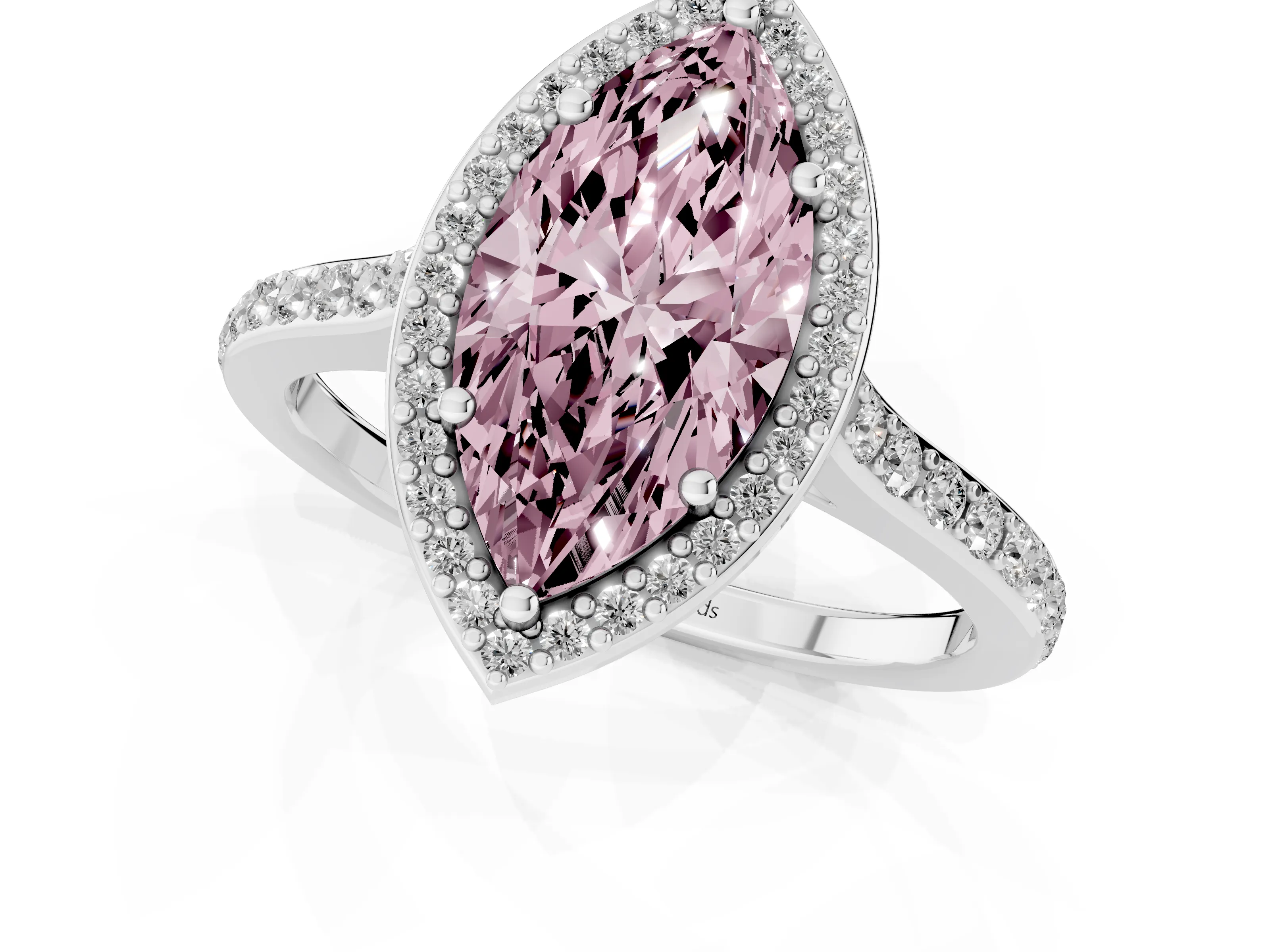 Fancy Pink Marquise Cut Diamond Halo Engagement Ring Set in Silver with Round Pavé Shoulders and Heart Gallery
