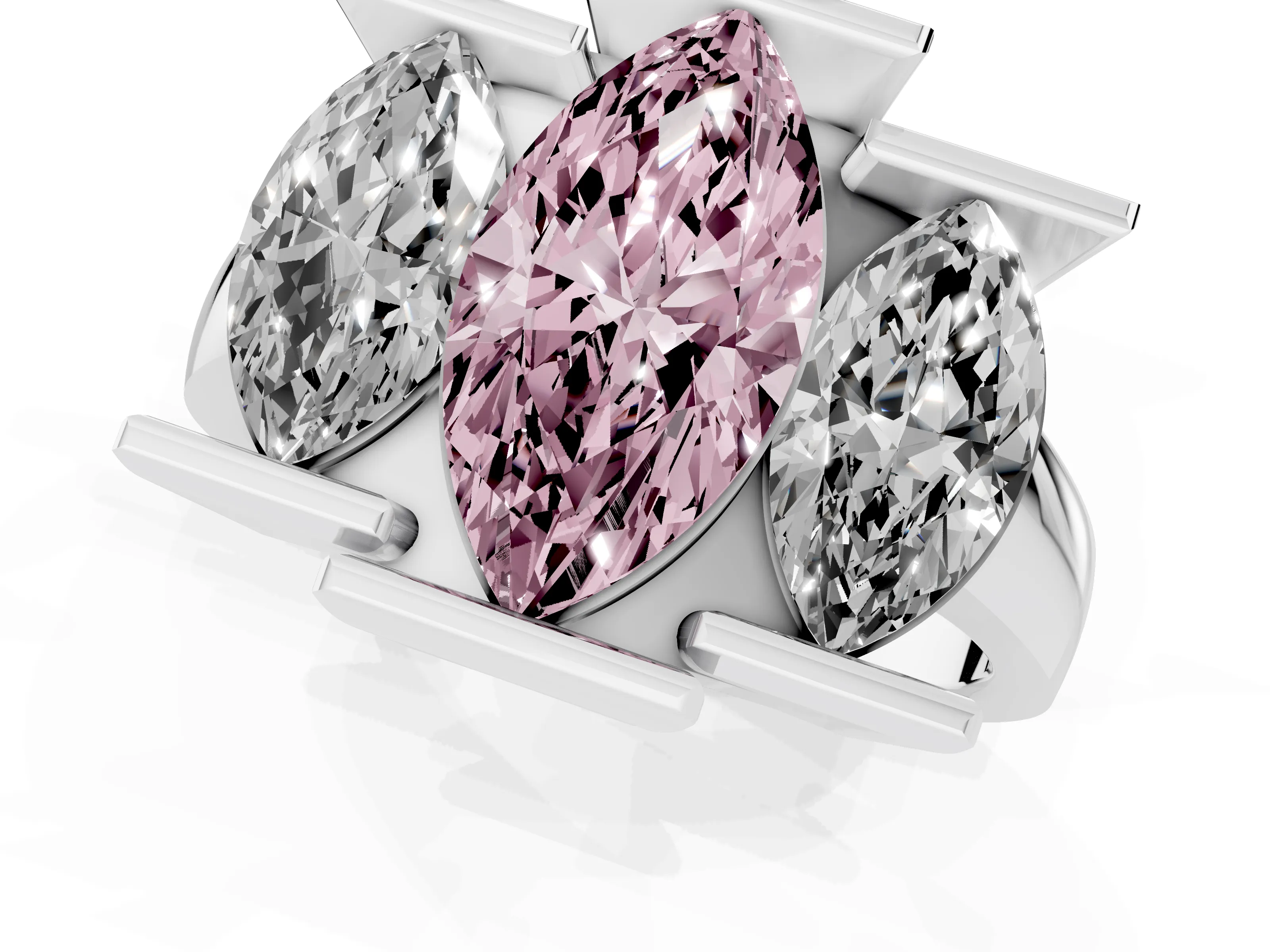 Fancy Pink Marquise Cut Diamond Three-Stone Channel Set Ring Set in White gold with Smooth Polished Band