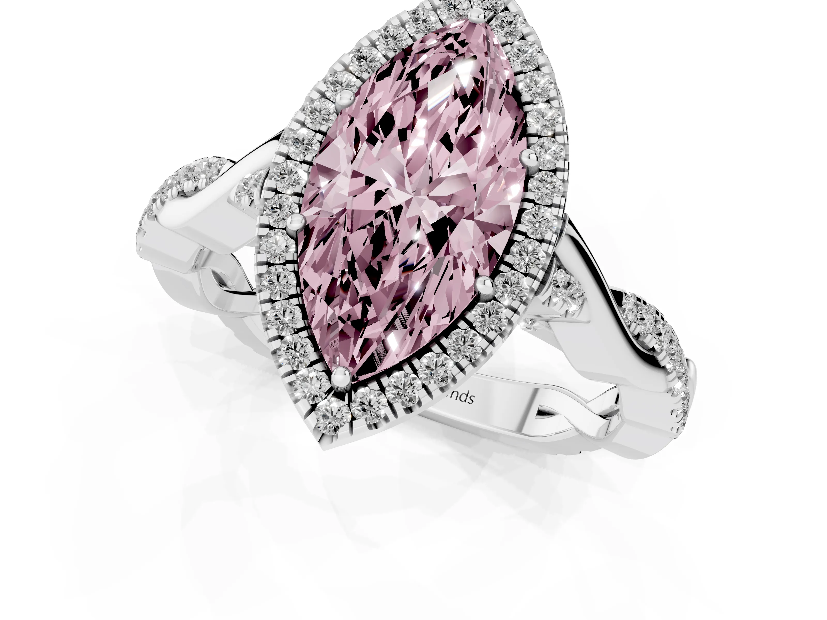 Fancy Pink Marquise Cut Diamond Halo Twist Band Solitaire Ring Set in White gold with Prong Setting
