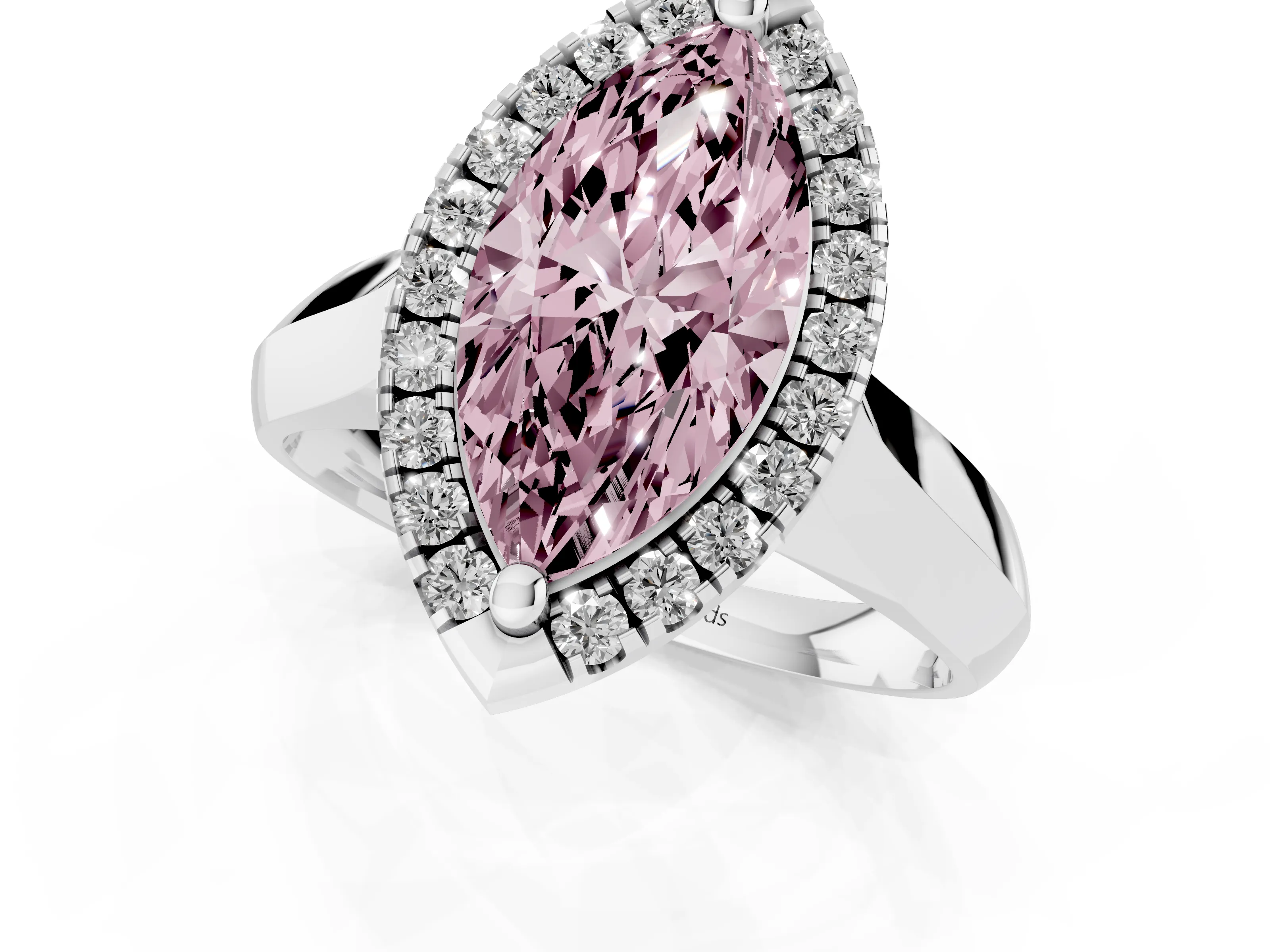 Fancy Pink Marquise Cut Diamond Halo Solitaire Engagement Ring Set in Platinum with Square Band and Prong Setting