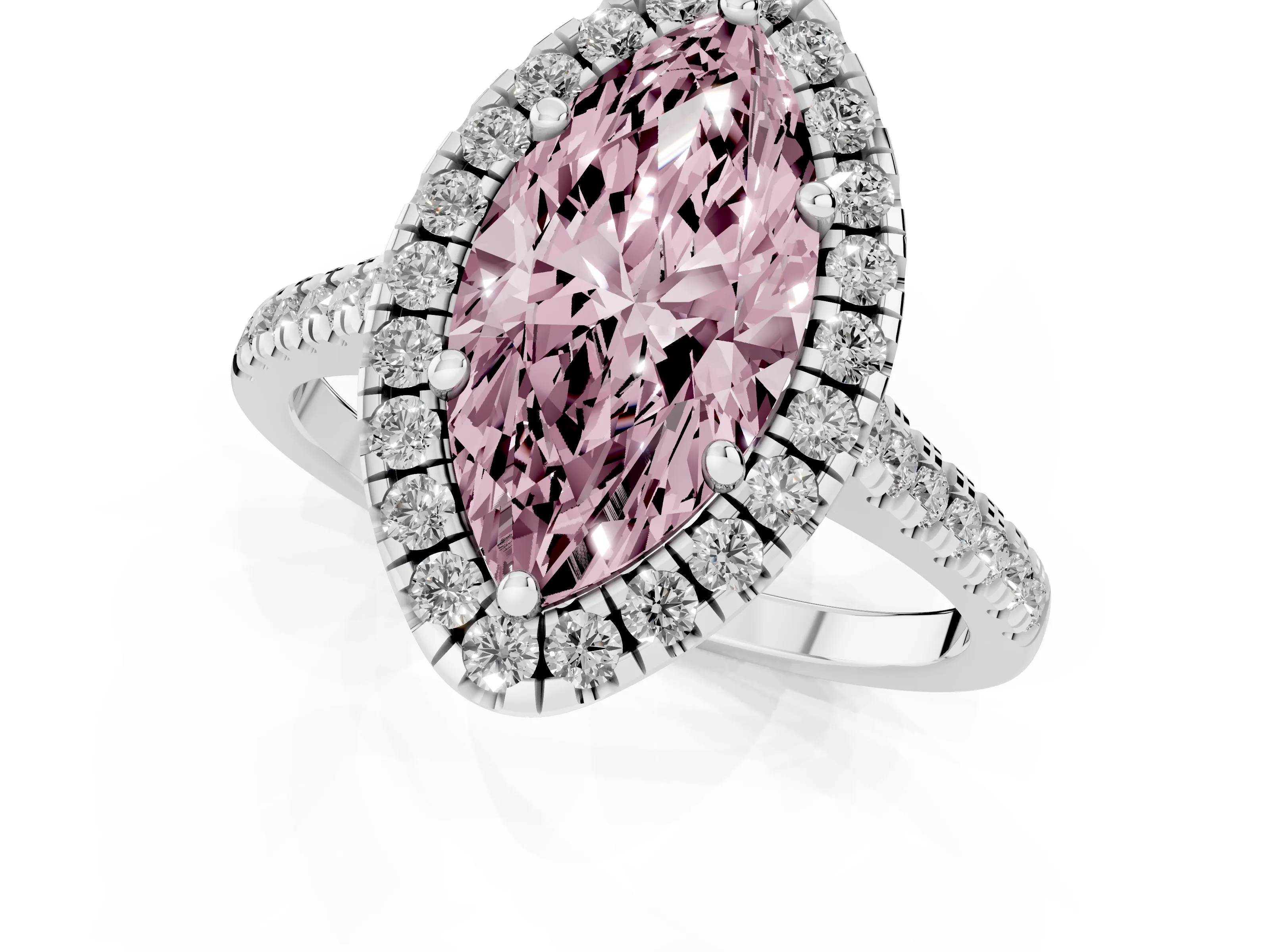 Fancy Pink Marquise Cut Diamond Cushion Halo Ring Set in White gold with Pavé Band – second view
