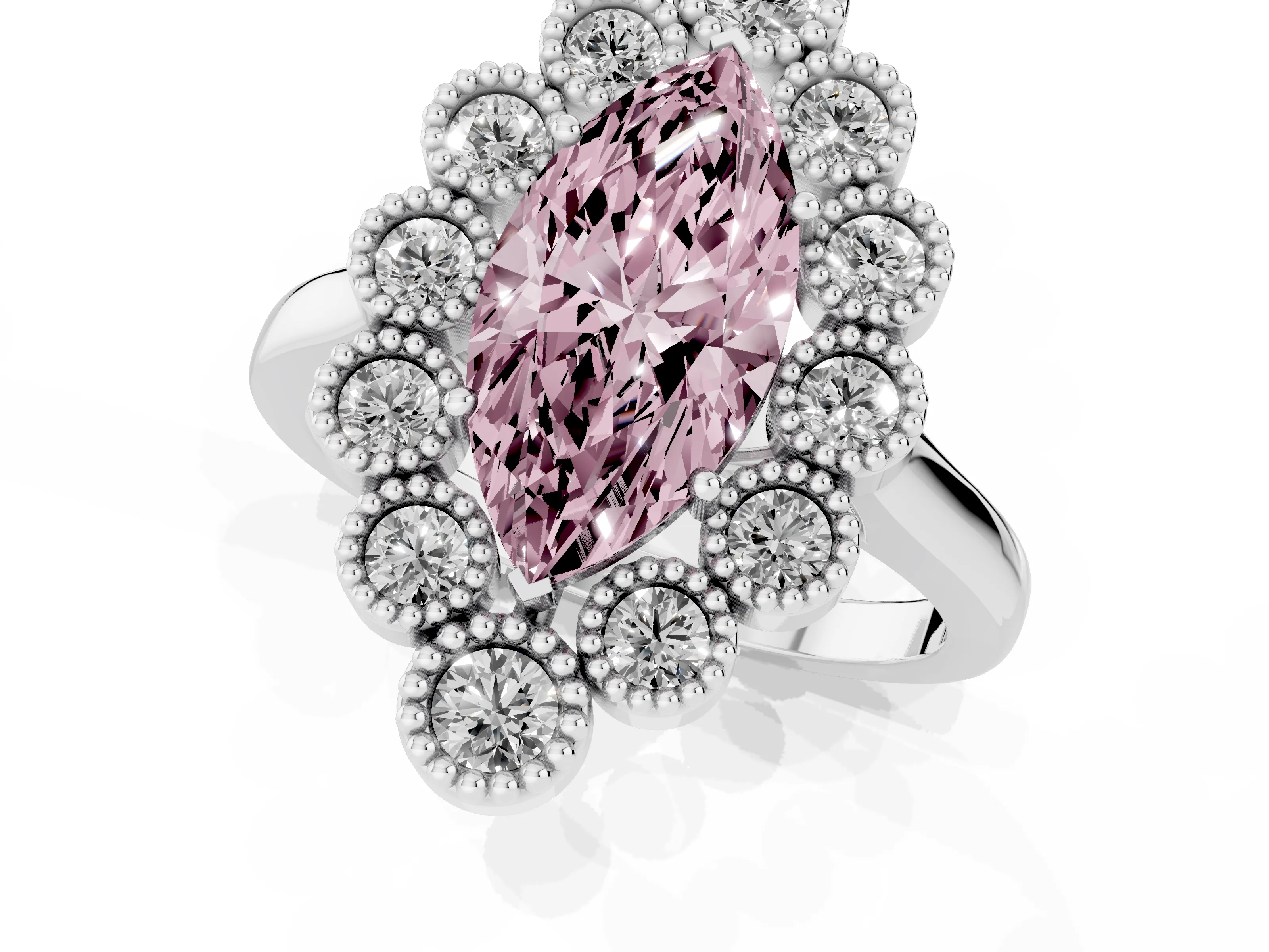 Fancy Pink Marquise Cut Diamond Cluster Halo Ring Set in Platinum with Milgrain Bezel Accents and Plain Band