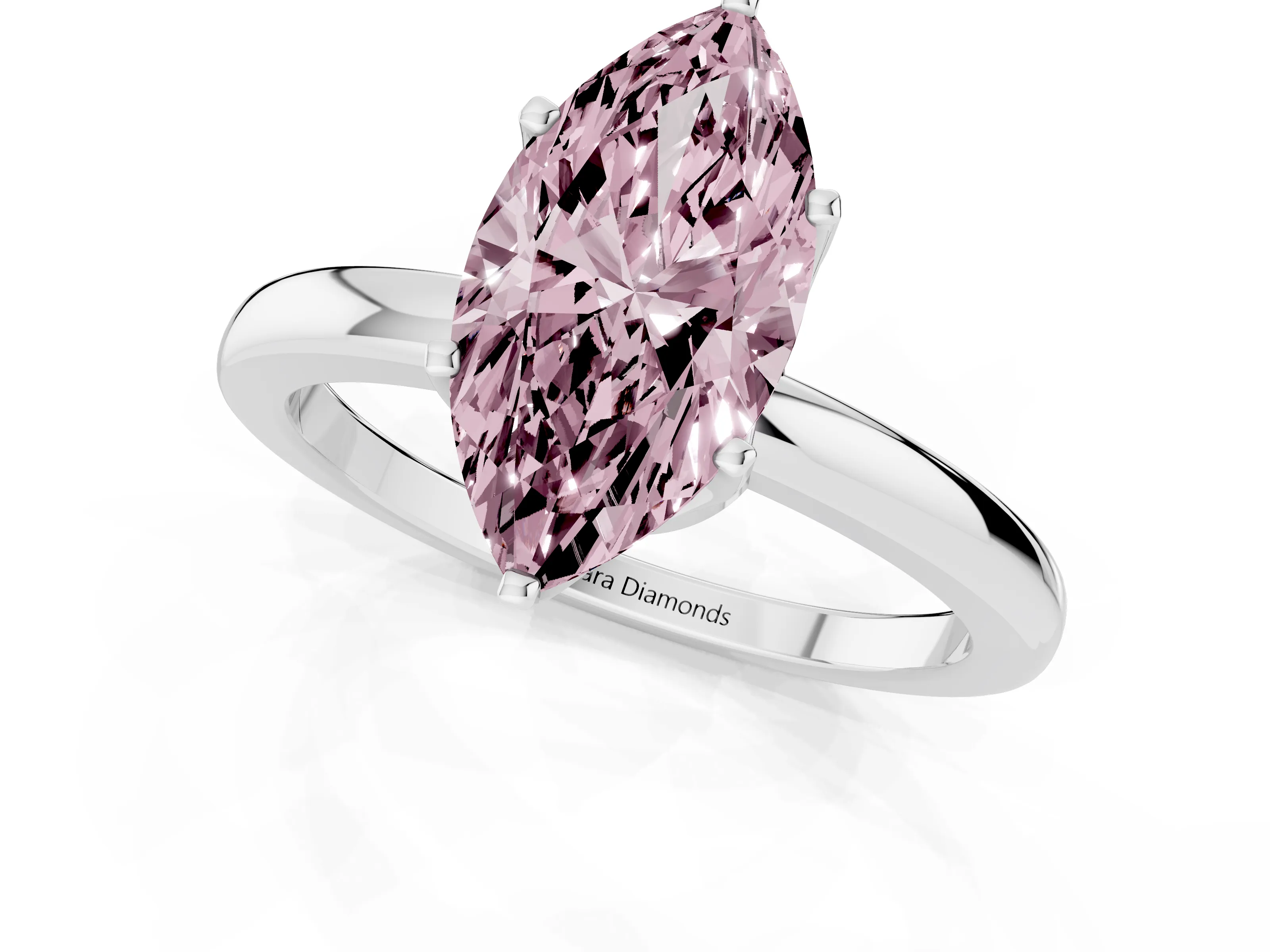 Fancy Pink Marquise Cut Diamond Solitaire Ring Set in White gold with Raised Prong Setting on a Classic Band