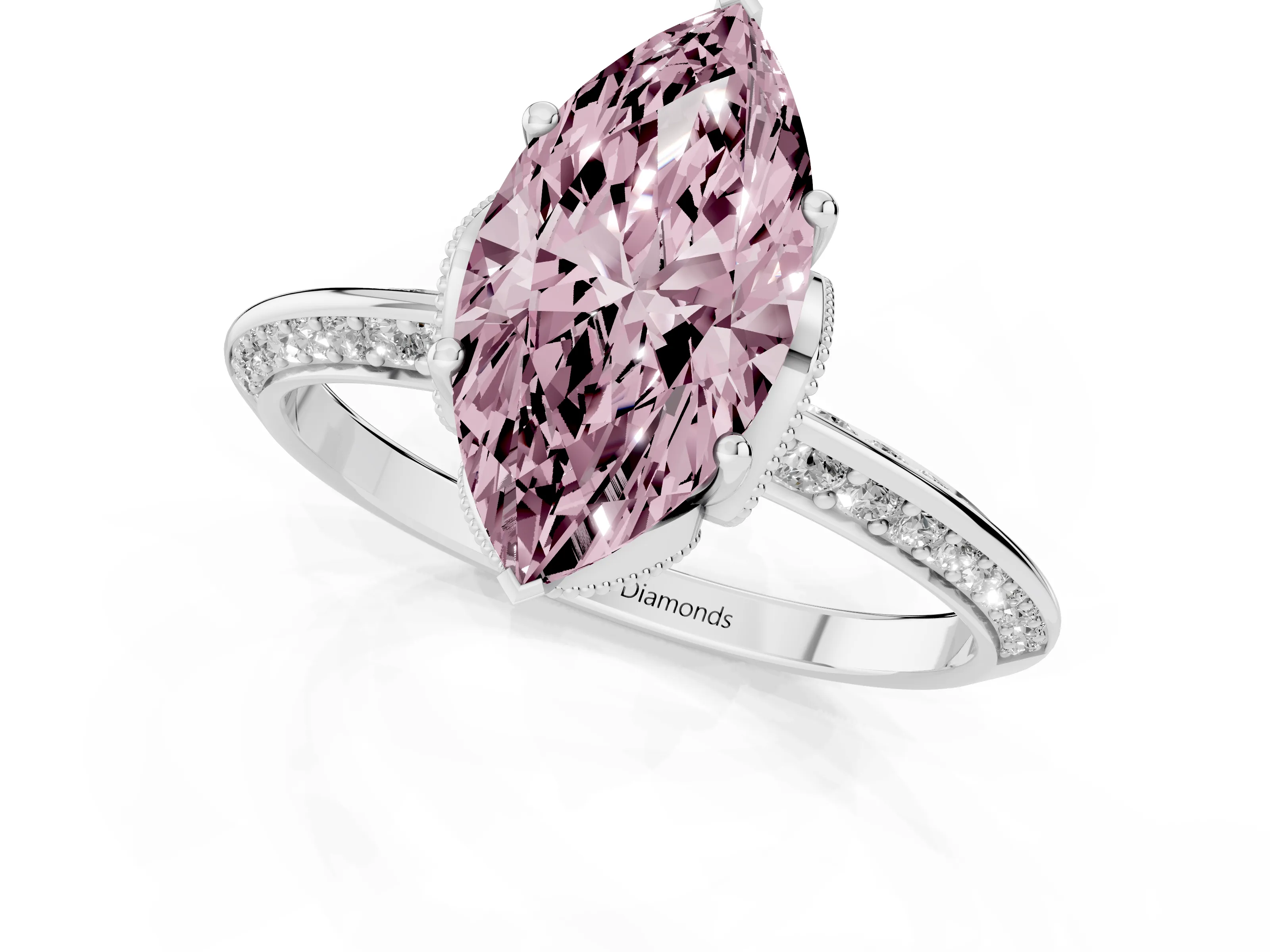 Fancy Pink Marquise Cut Diamond Solitaire Engagement Ring Set in Silver with Pavé Split Shank and Prong Setting