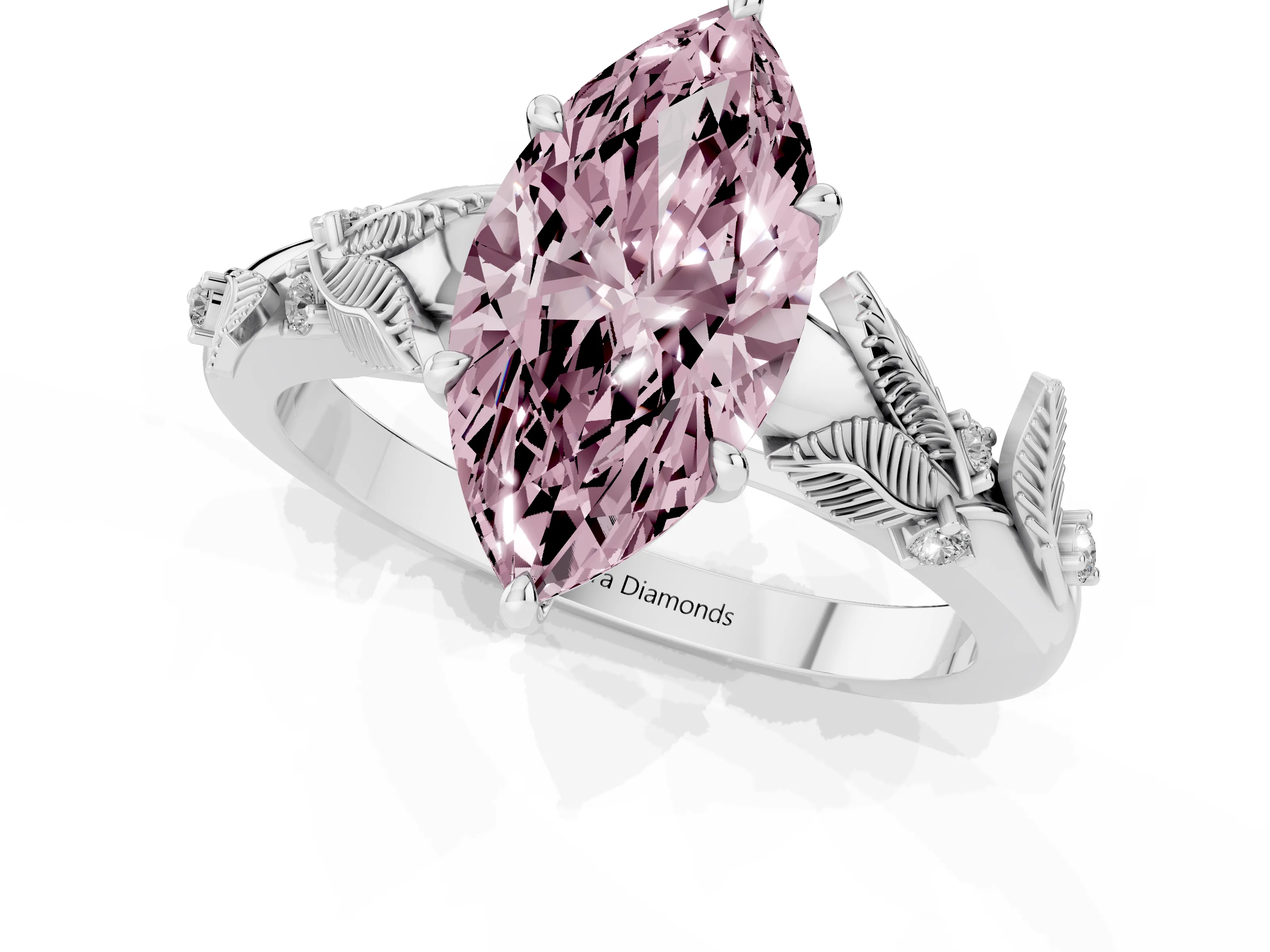 Fancy Pink Marquise Cut Diamond Solitaire Ring Set in Silver with Leaf Motif Band