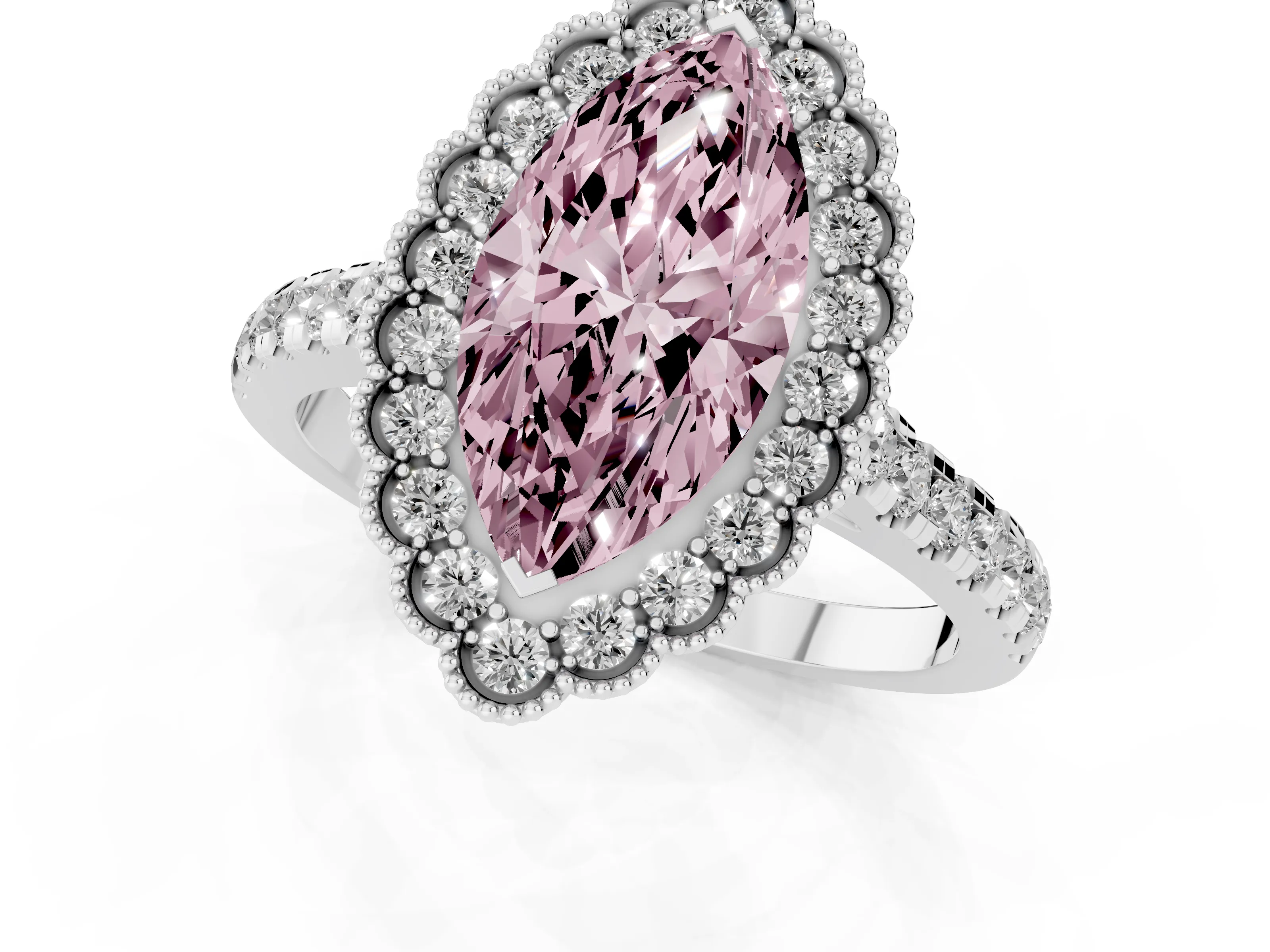 Fancy Pink Marquise Cut Diamond Milgrain Floral Halo Engagement Ring Set in White gold with Pavé Band