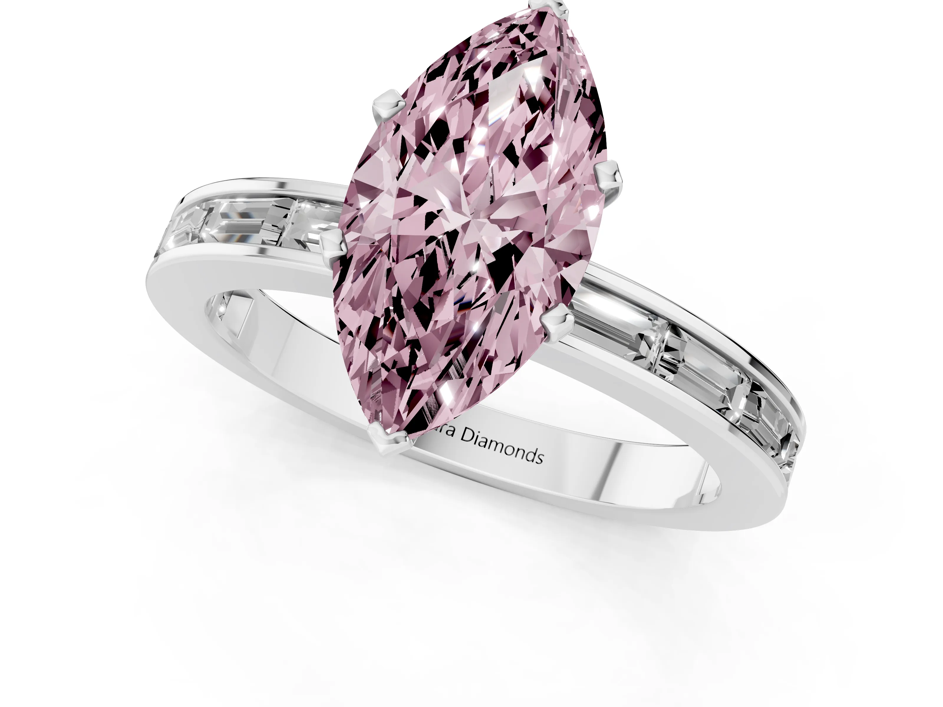 Fancy Pink Marquise Cut Diamond Solitaire Ring Set in White gold with Channel-Set Baguette Band and Prong Setting