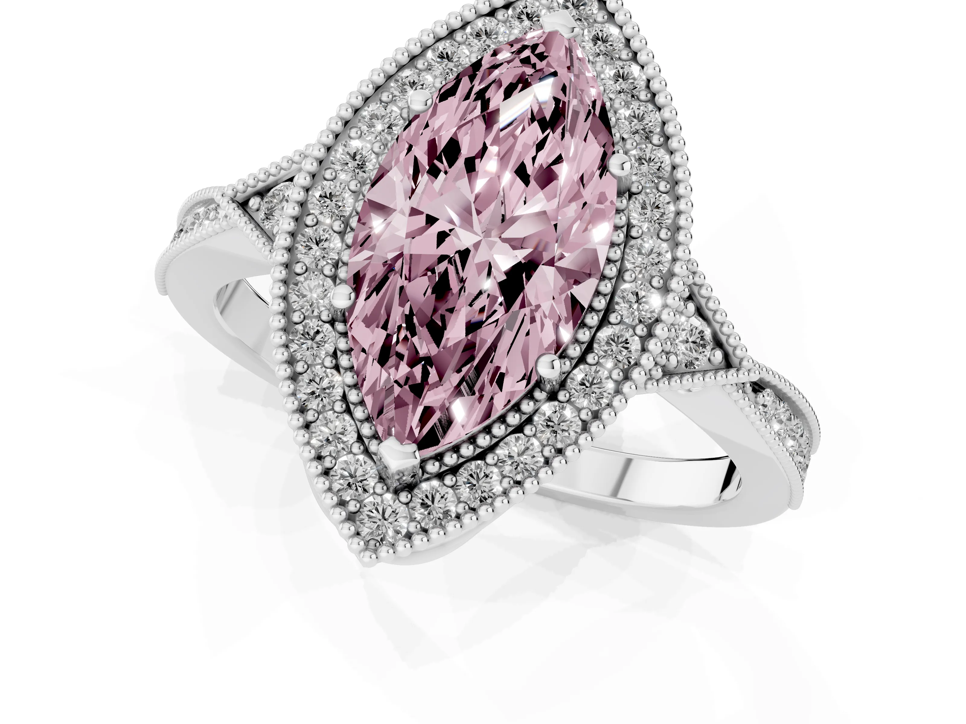 Fancy Pink Marquise Cut Diamond Halo Engagement Ring Set in White gold with Milgrain Pavé Band