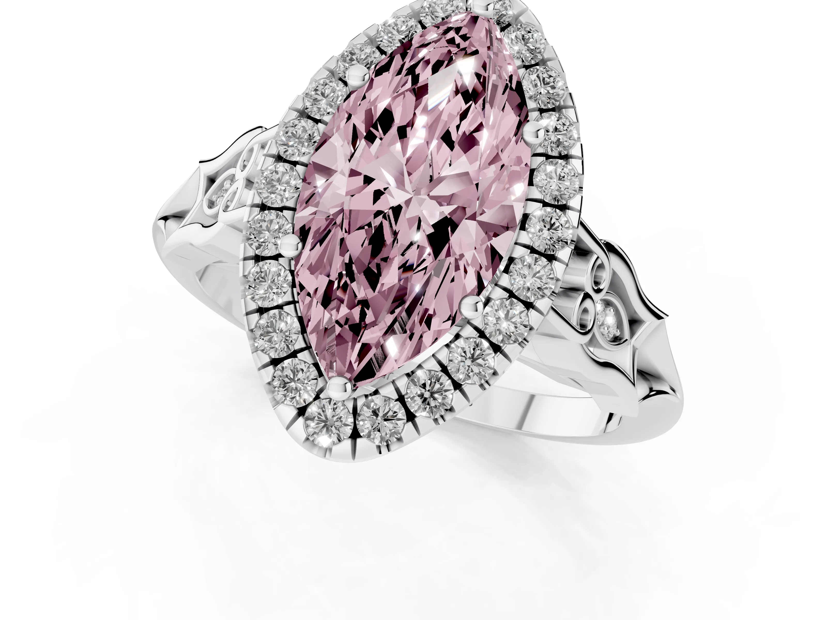 Fancy Pink Marquise Cut Diamond Halo Engagement Ring Set in White gold with Filigree Band and Prong-Set Center