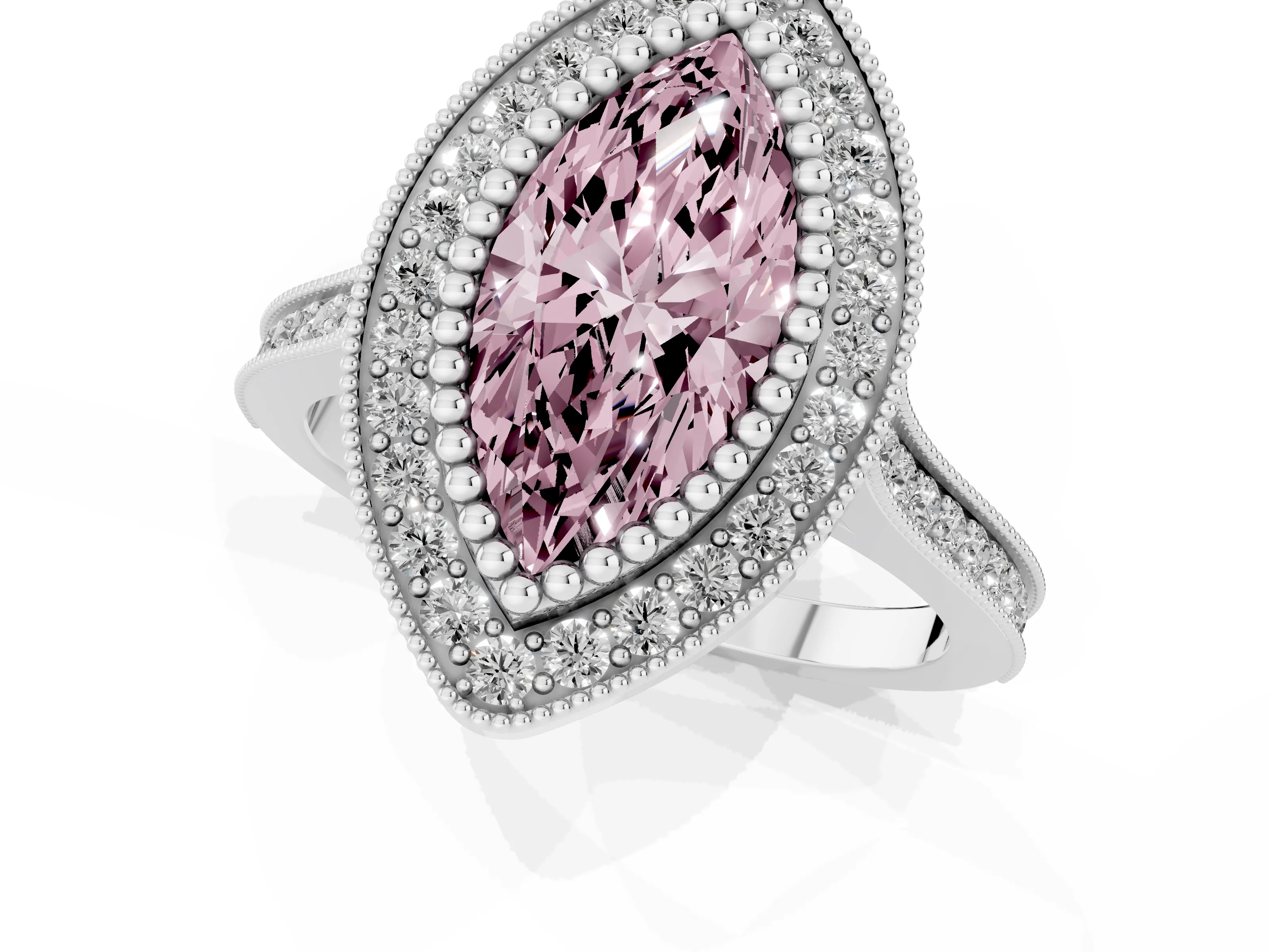 Fancy Pink Marquise Cut Diamond Halo Ring Set in White gold with Milgrain Frame and Pavé Band
