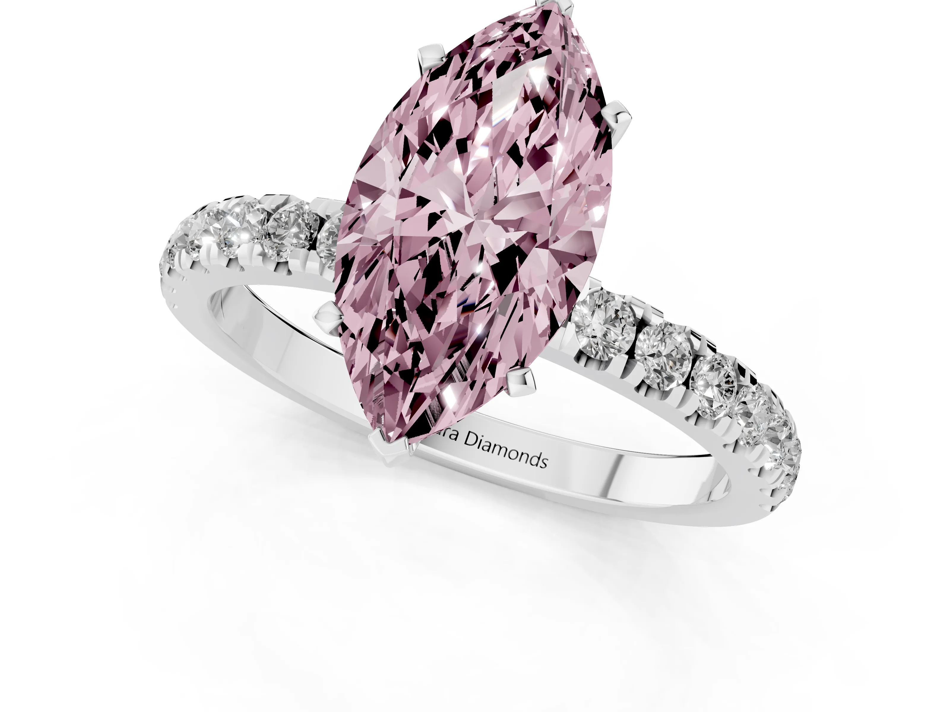 Fancy Pink Marquise Cut Diamond Solitaire Ring Set in Platinum with Pavé Accents and Prong Setting