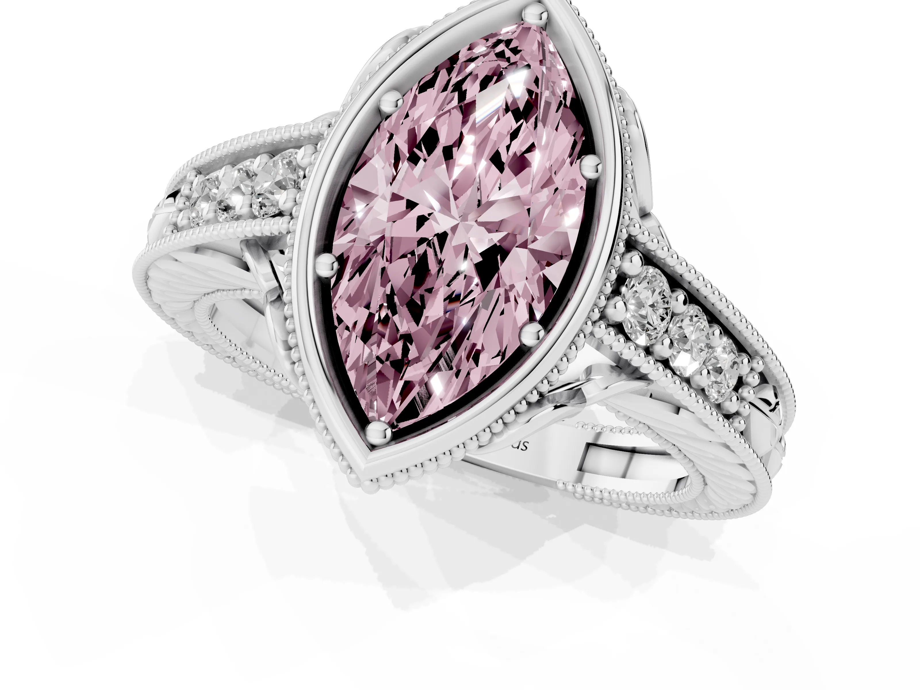 Fancy Pink Bezel Set Marquise Cut Diamond Milgrain Pavé Engagement Ring Set in White gold