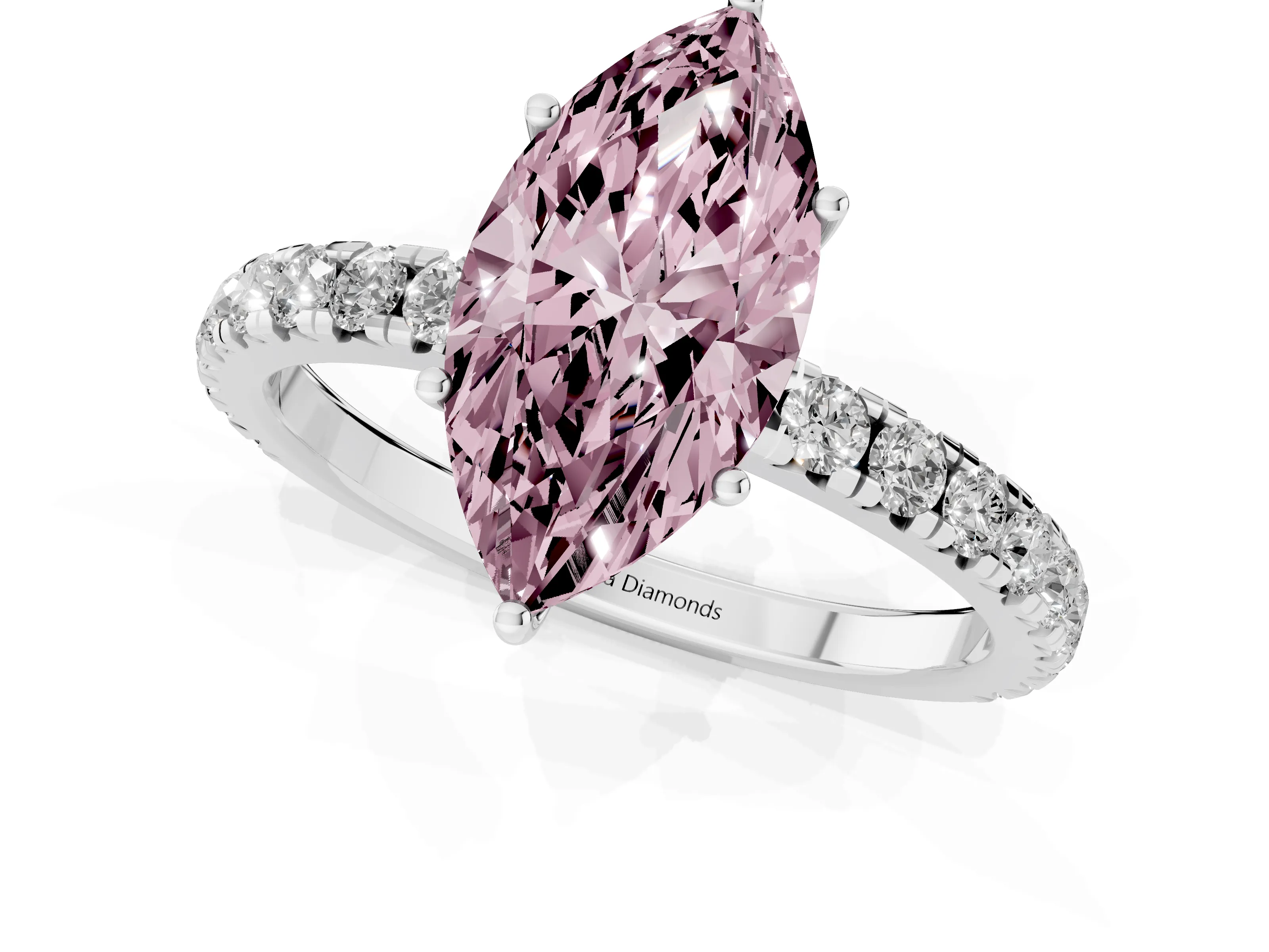 Fancy Pink Marquise Cut Diamond Pavé Solitaire Engagement Ring Set in Platinum with Prong Setting