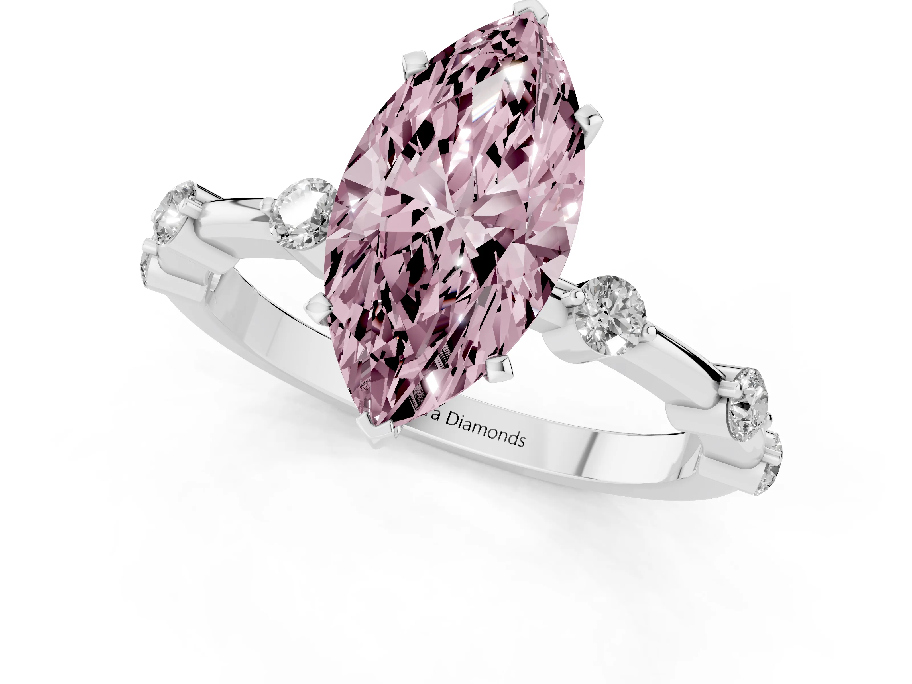 Fancy Pink Marquise Cut Diamond Solitaire Ring Set in White gold with Bezel Set Side Stones and Prong Setting