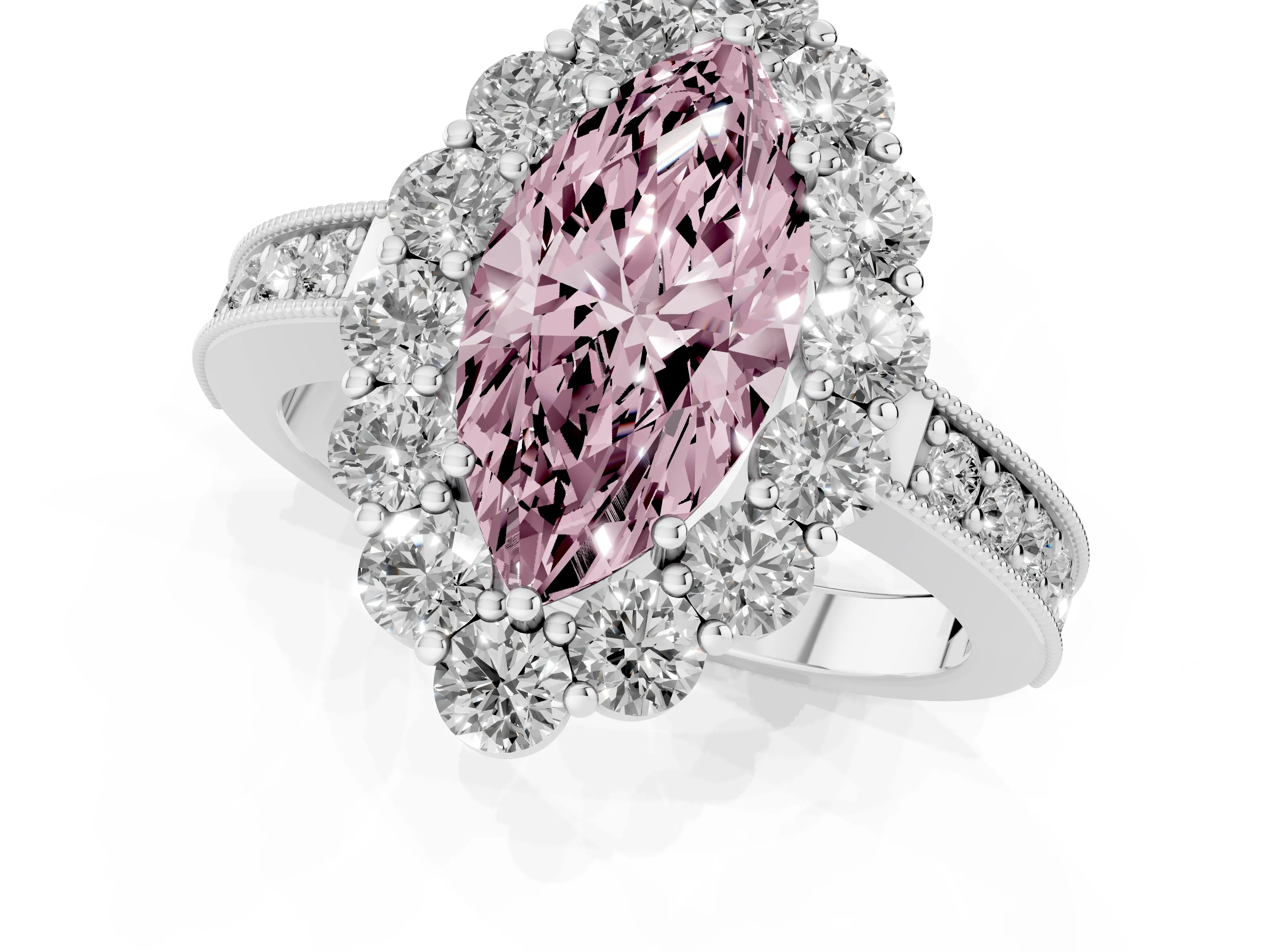 Fancy Pink Marquise Cut Diamond Halo Pavé Engagement Ring Set in White gold with Milgrain Detailing