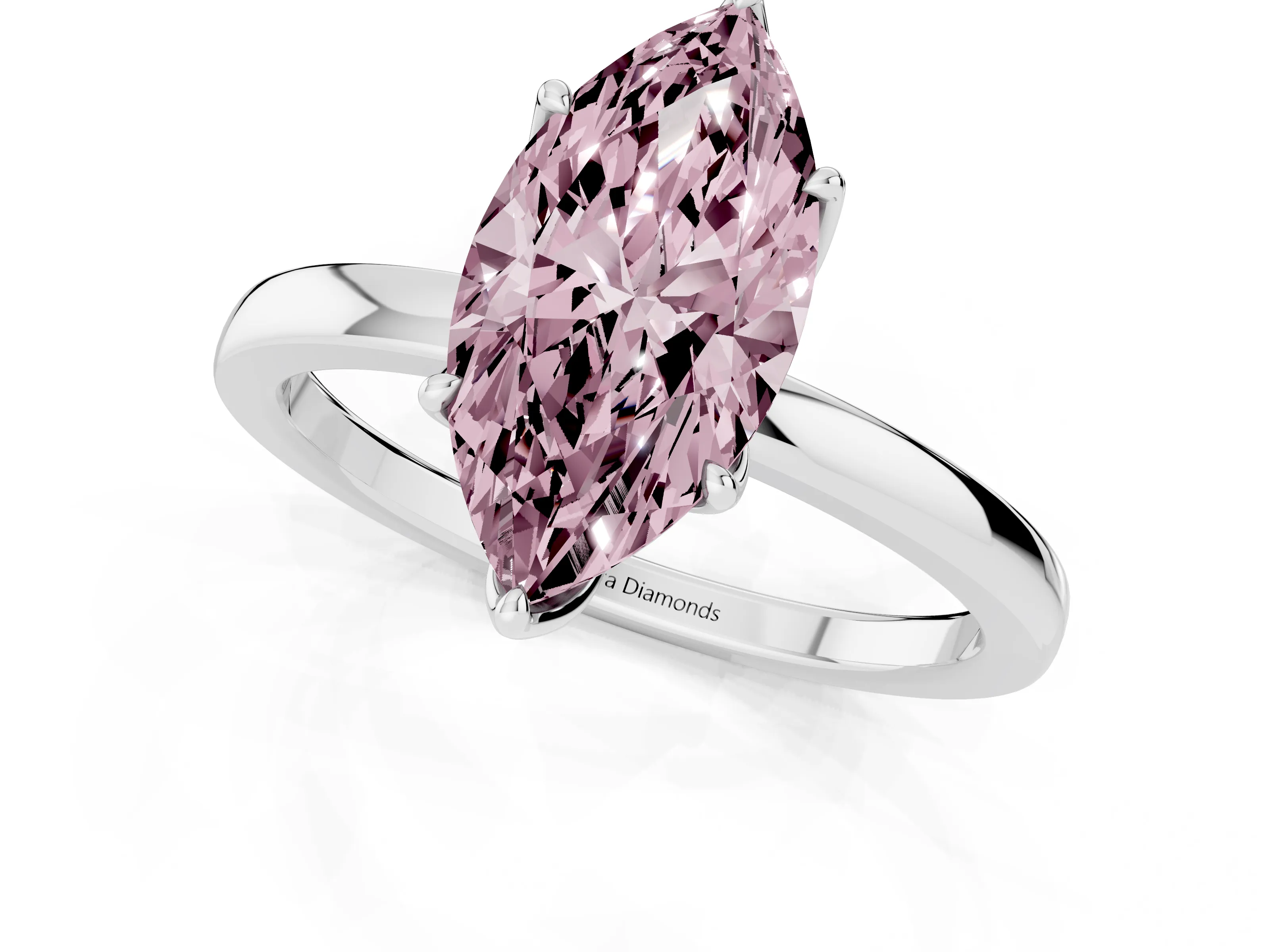 Fancy Pink Marquise Cut Diamond Solitaire Ring Set in White gold with Prong Setting and Thin Polished Band