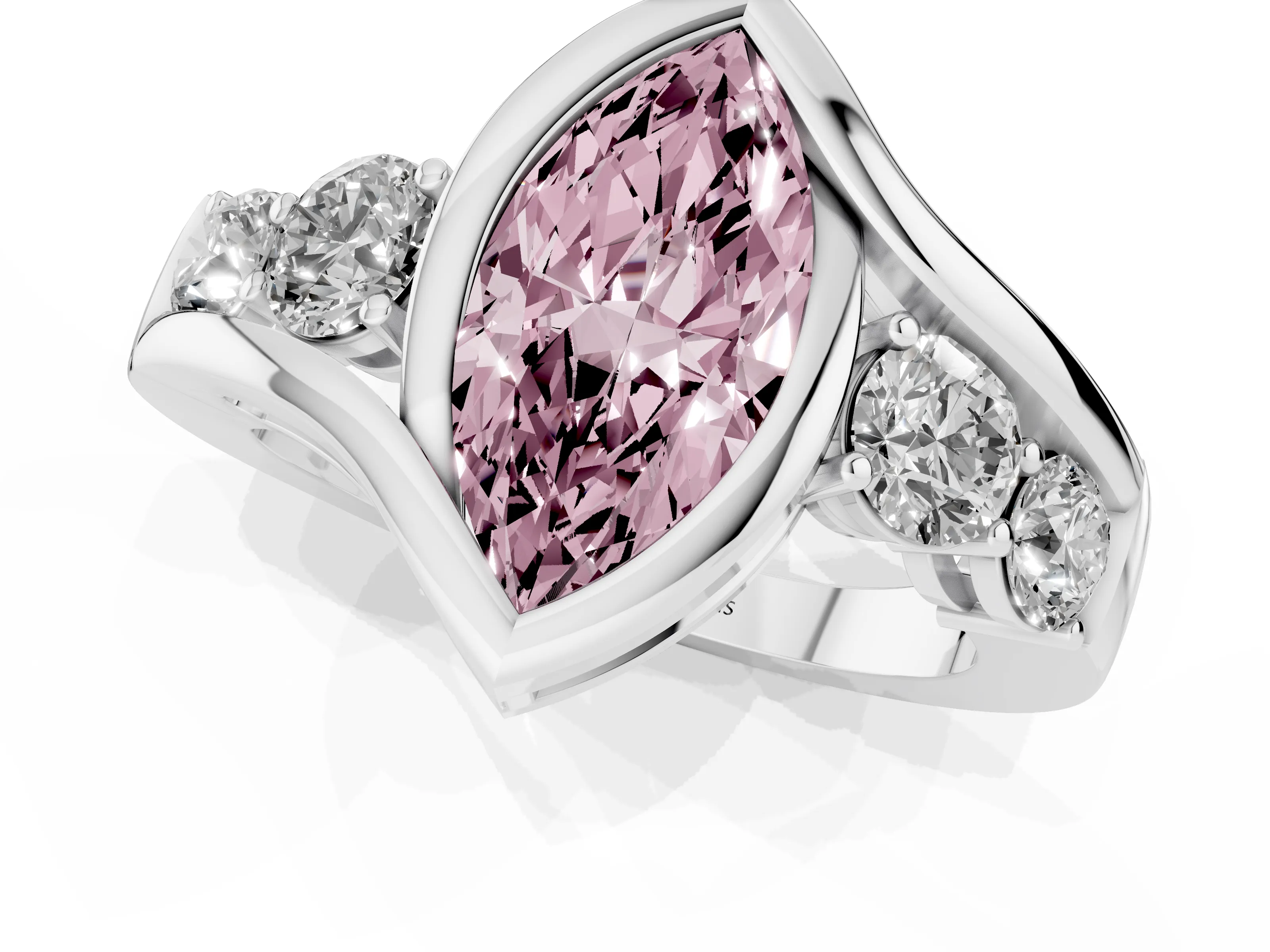 Fancy Pink Marquise Cut Diamond Bezel Bypass Ring Set in Silver with Round Accents