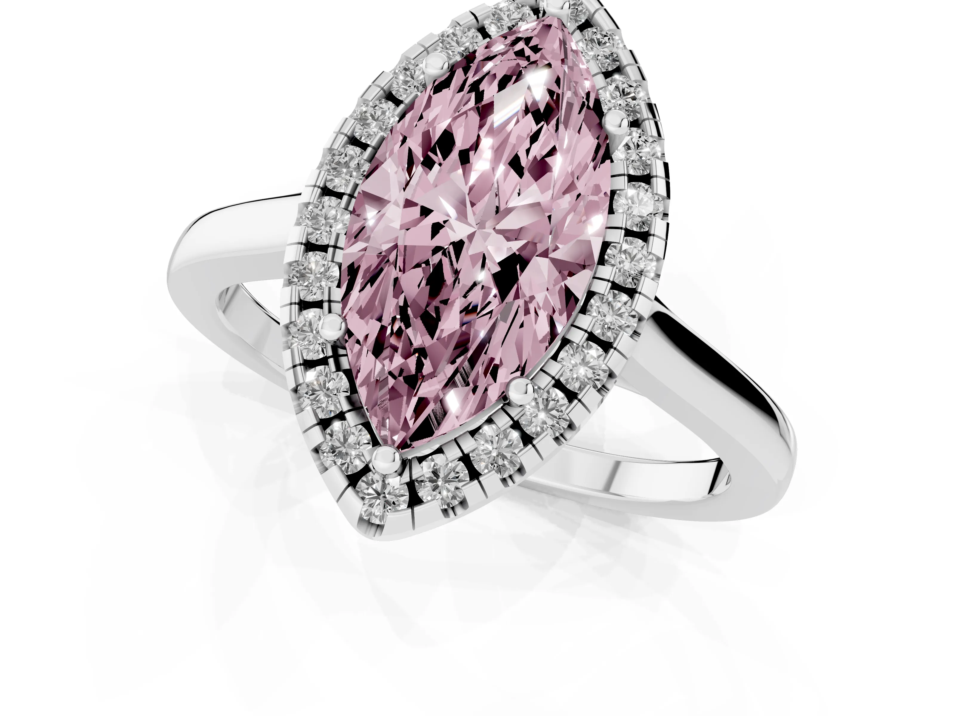 Fancy Pink Marquise Cut Halo Round Diamond Solitaire Ring Set in Platinum with Pavé Band and Prong Setting