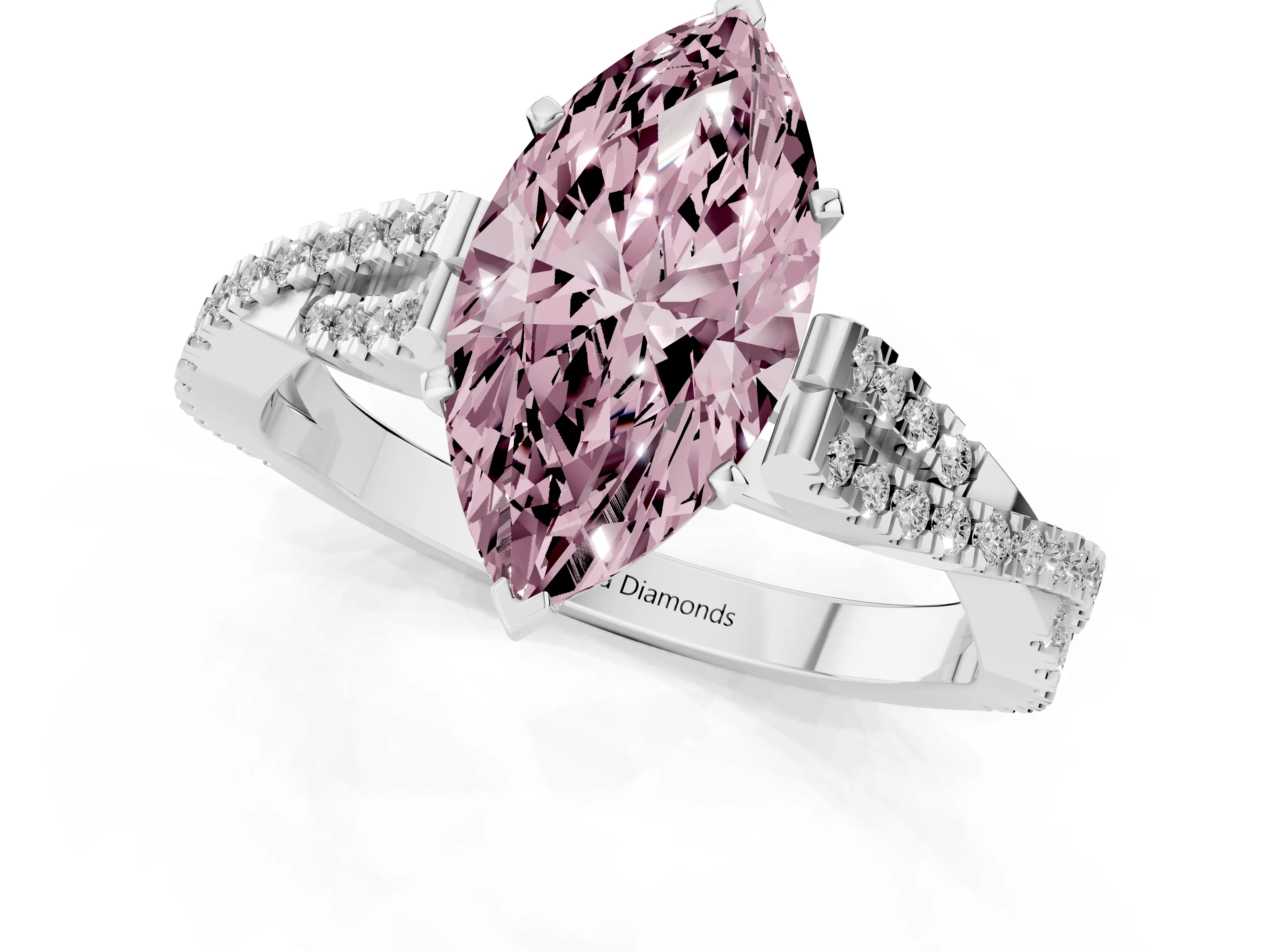 Fancy Pink Marquise Cut Diamond Solitaire Engagement Ring Set in Platinum with Twisted Pavé Band and Prong Setting