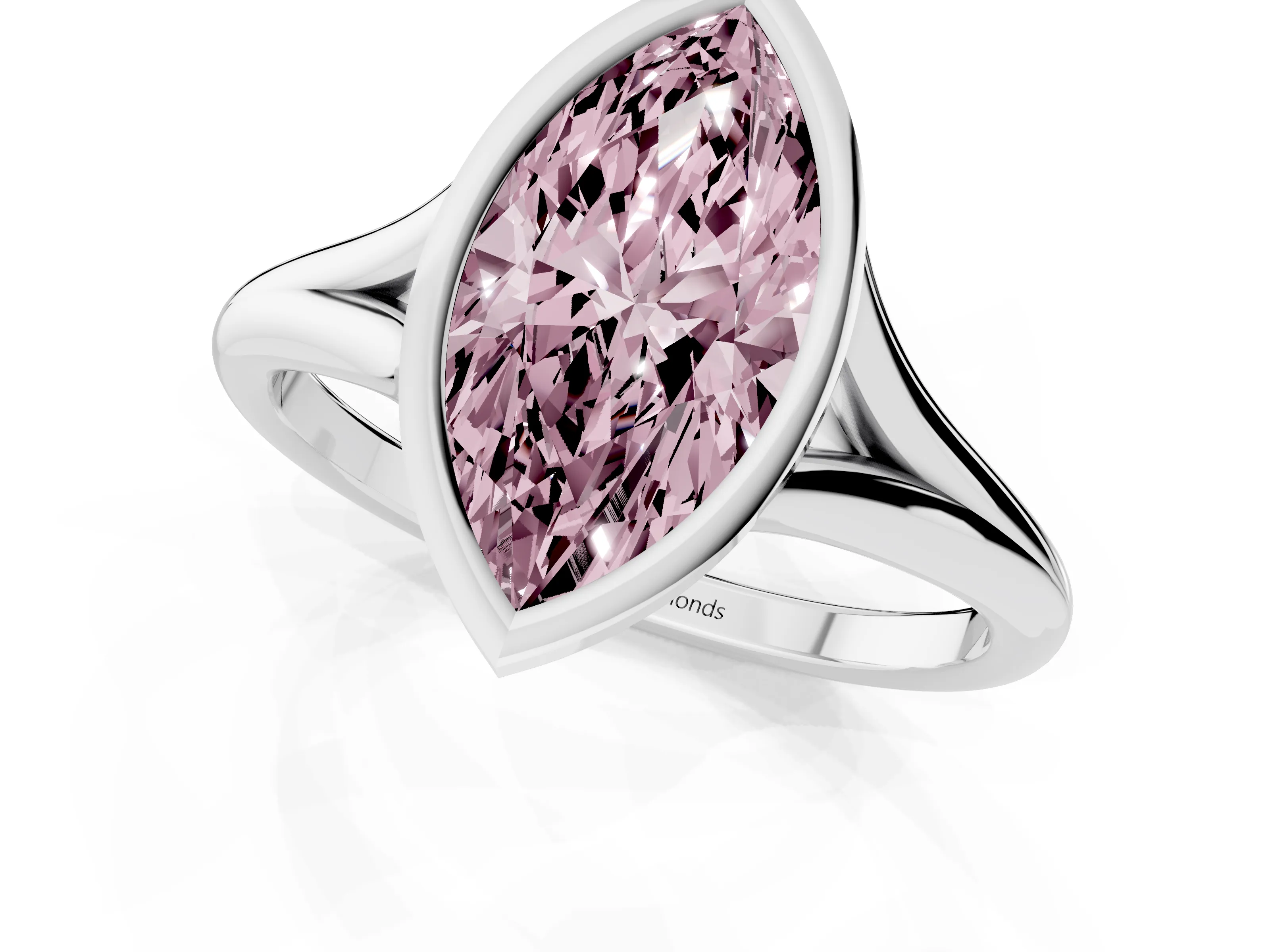 Fancy Pink Bezel Set Marquise Cut Diamond Solitaire Ring Set in White gold with Tapered Band