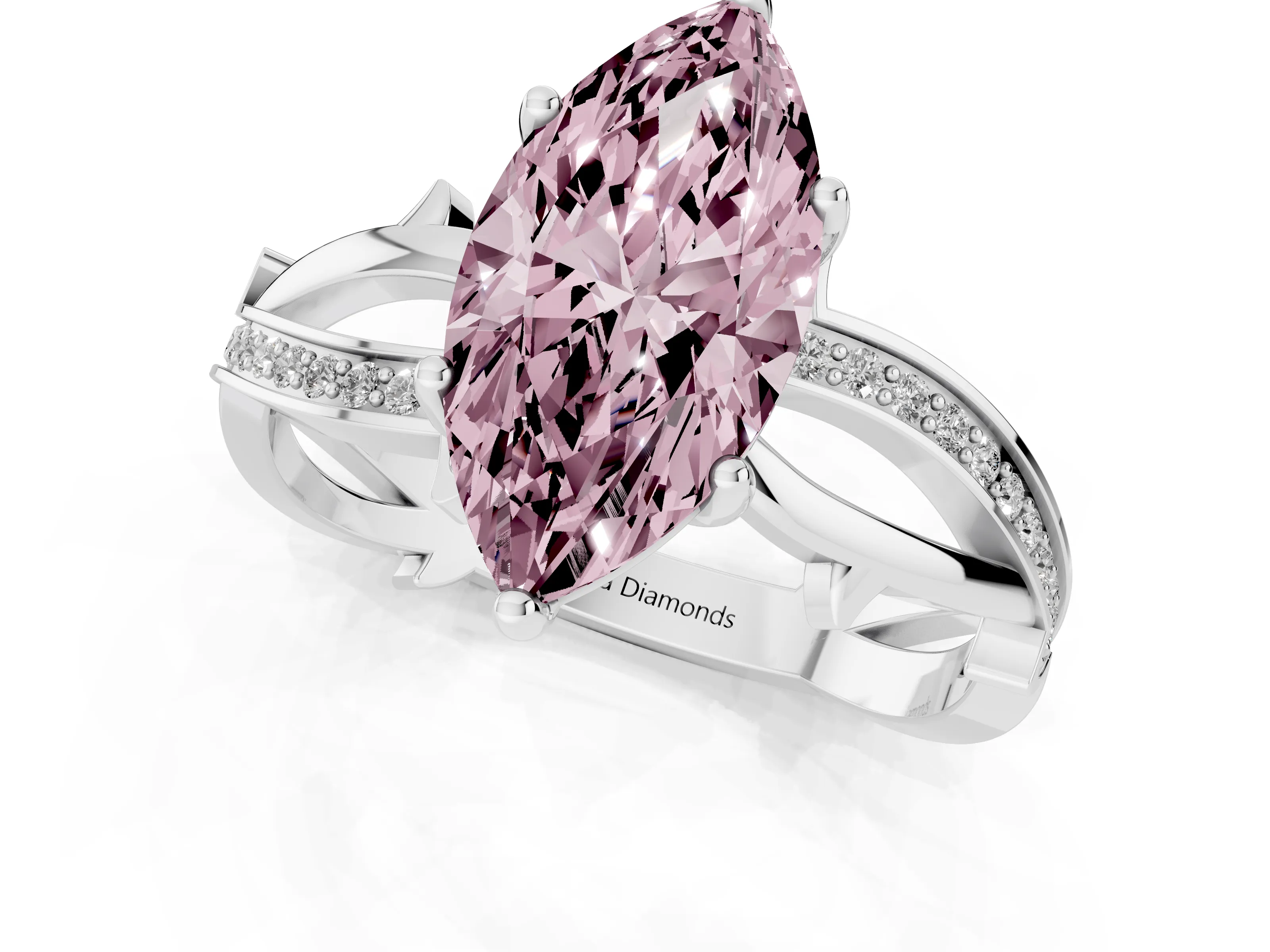 Fancy Pink Marquise Cut Diamond Pavé Twist Band Solitaire Ring Set in Silver with Prong Setting