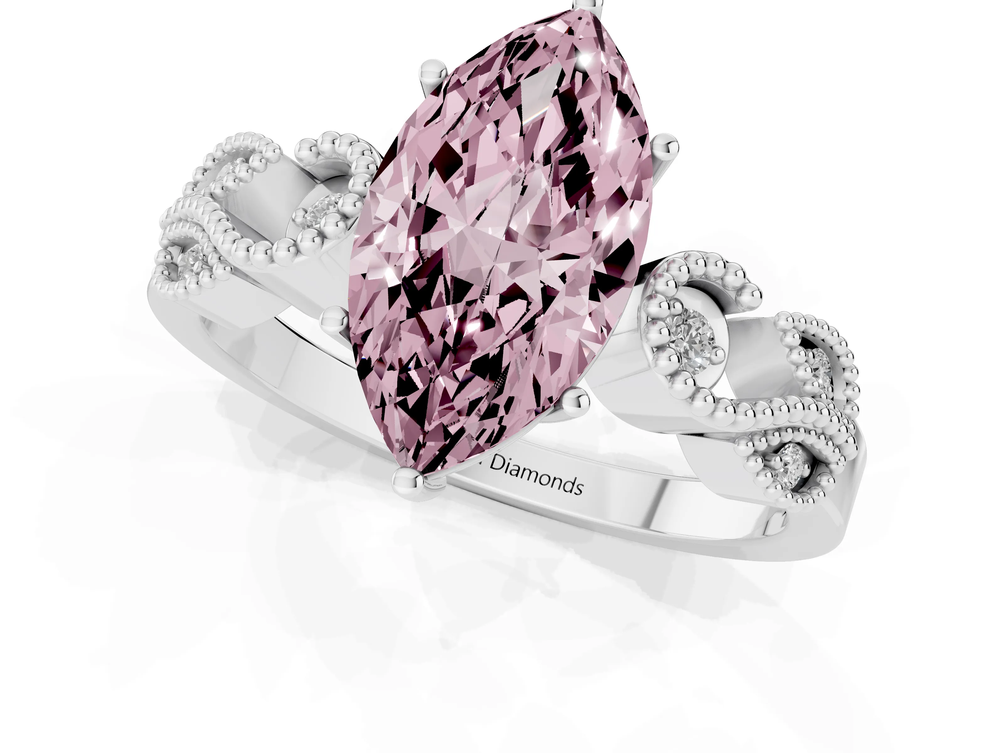 Fancy Pink Marquise Cut Diamond Milgrain Leaf Band Solitaire Ring Set in White gold with Accent Stones and Prong Setting