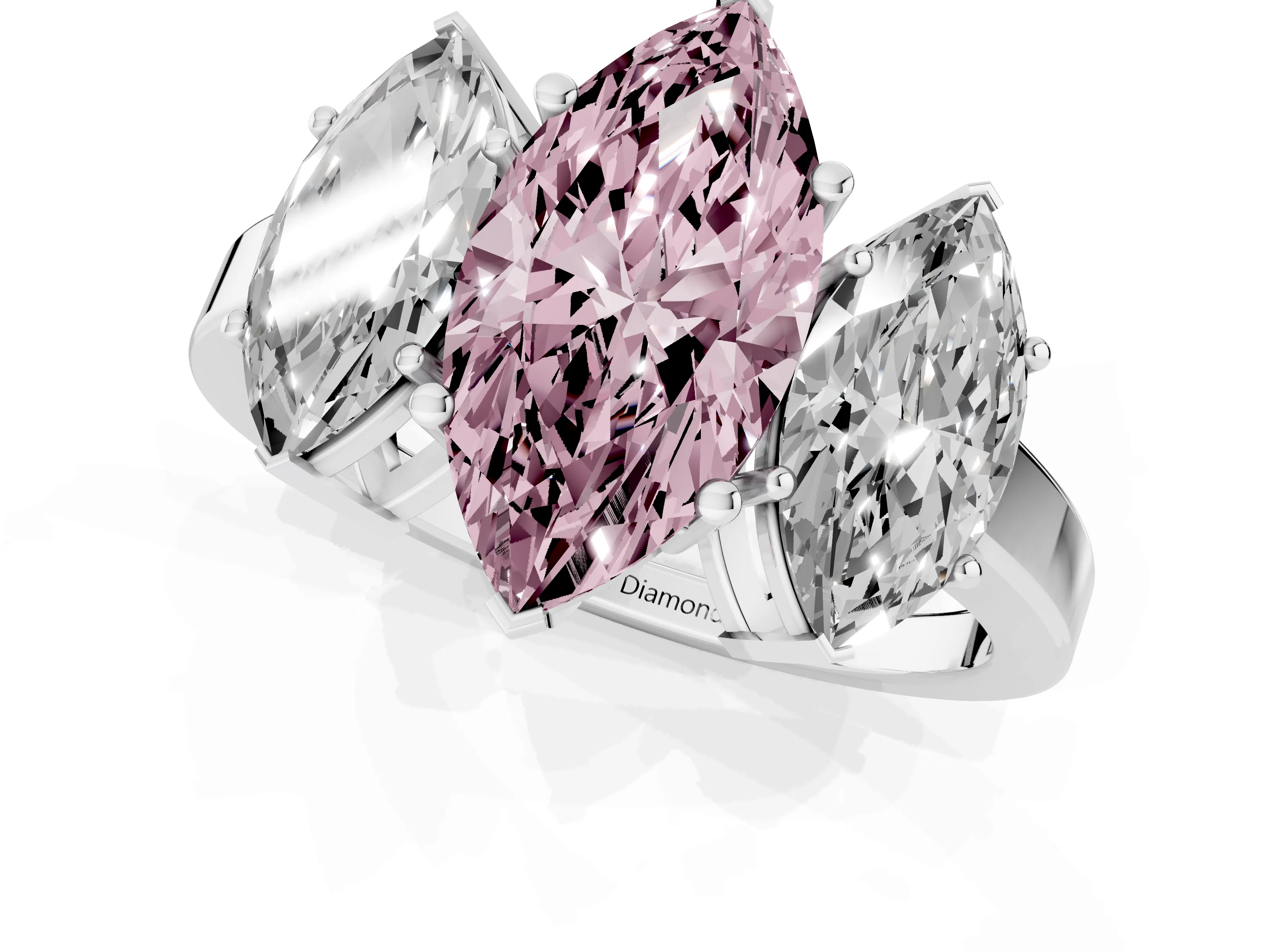 Fancy Pink Marquise Cut Diamond Three-Stone Engagement Ring Set in Platinum with Flat Band