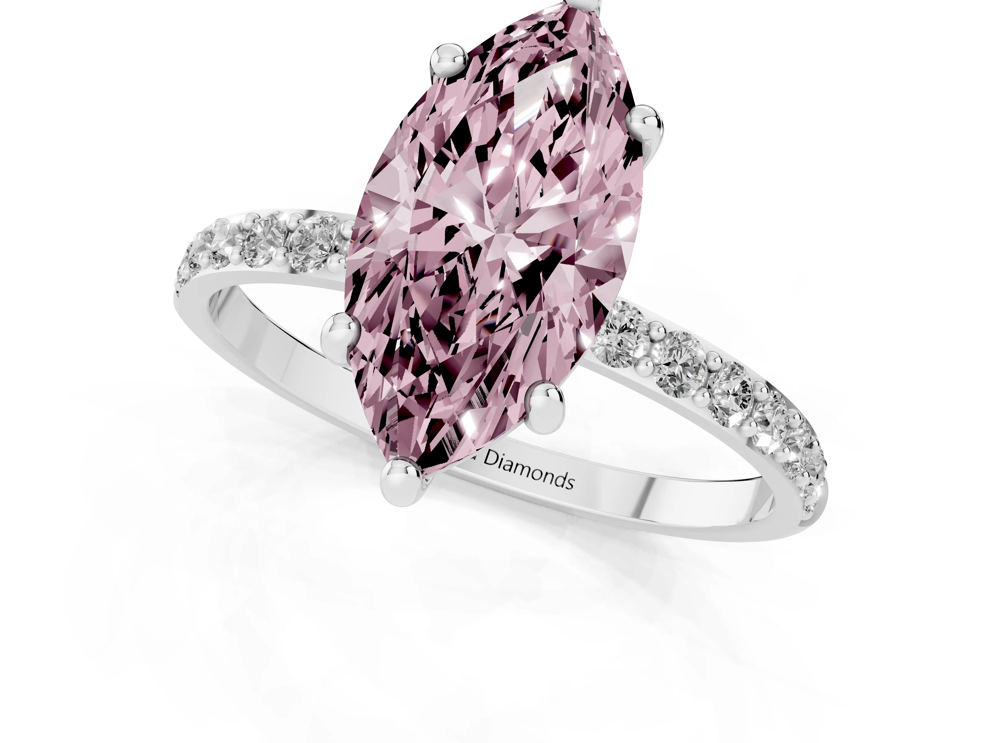 Fancy Pink Marquise Cut Diamond Solitaire Ring Set in Platinum with Round Pavé Band and Prong Setting