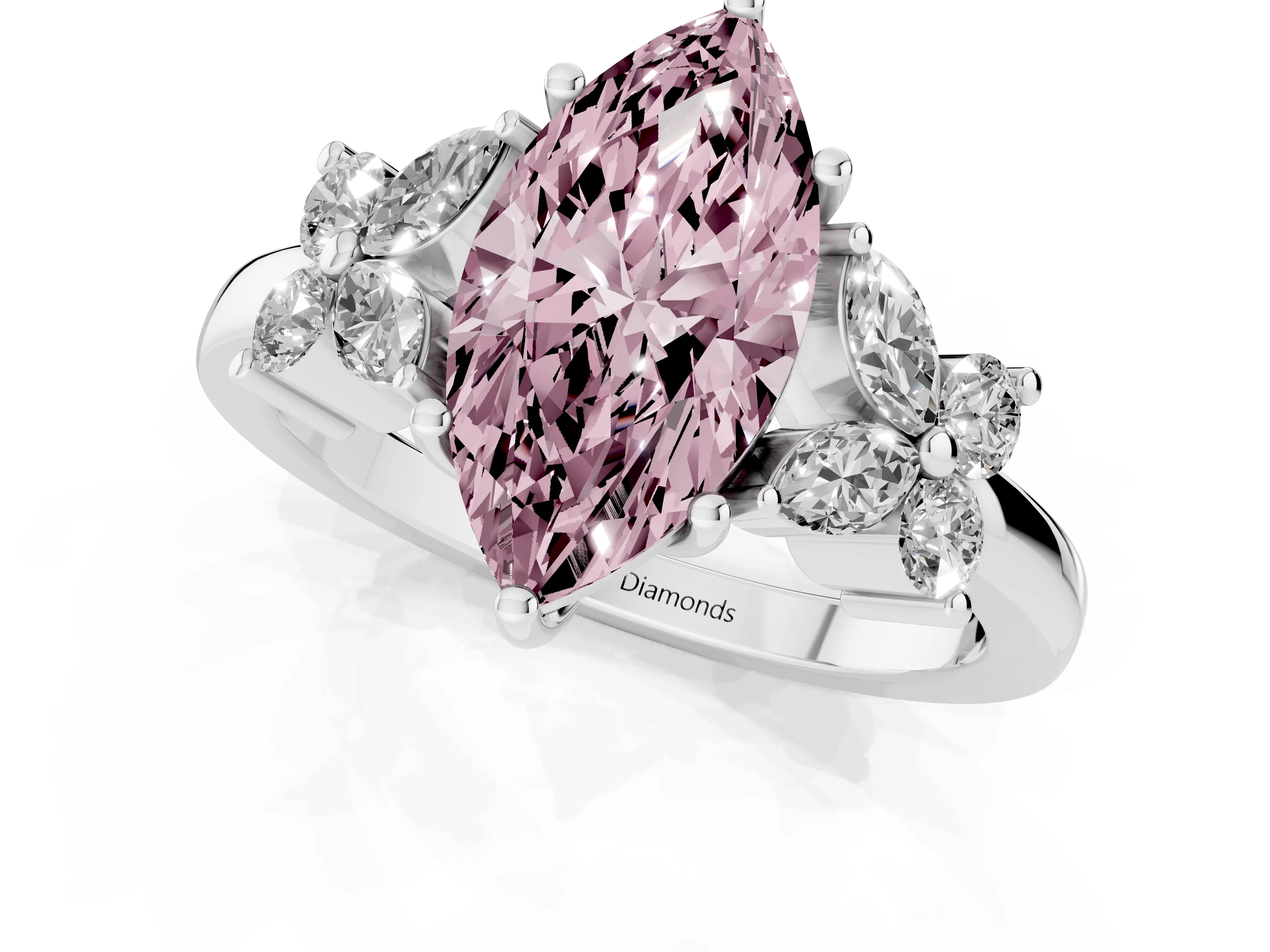 Fancy Pink Marquise Cut Diamond Floral Cluster Ring Set in Silver with Marquise Petals and Prong Setting