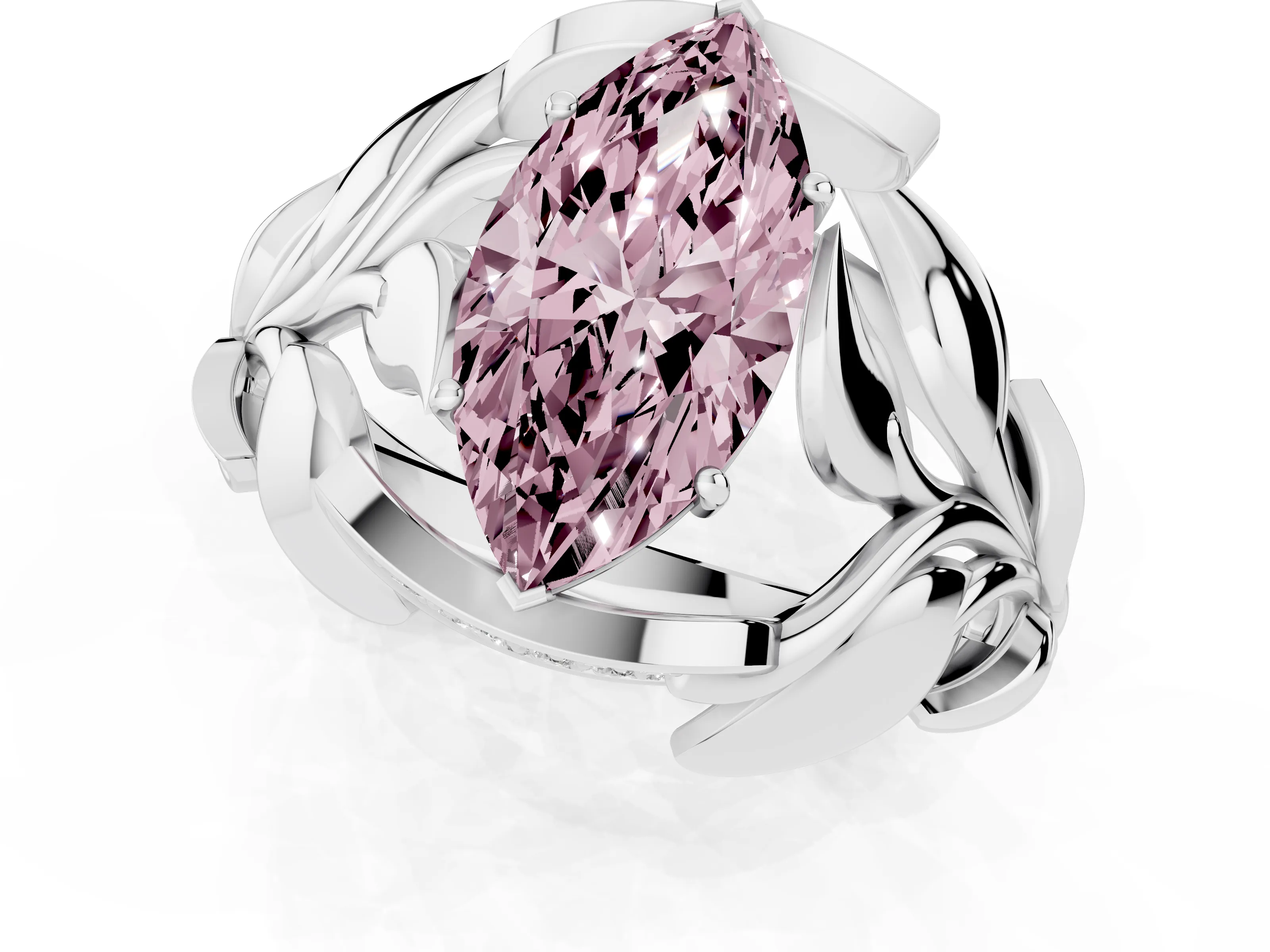 Fancy Pink Marquise Cut Diamond Leaf-Inspired Engagement Ring Set in Platinum with Round Accents