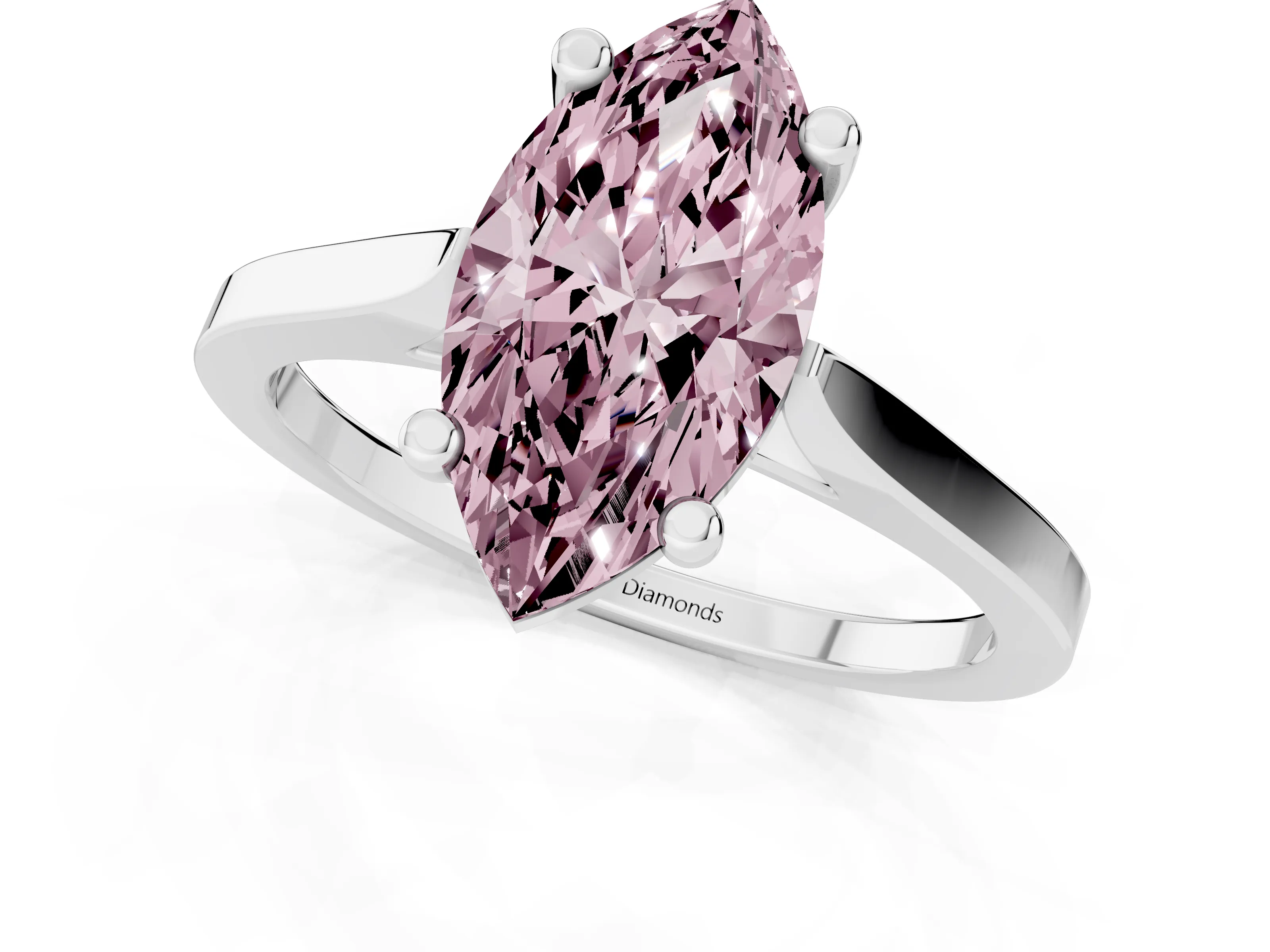 Fancy Pink Marquise Cut Diamond Solitaire Ring Set in White gold with Prong Setting and Tapered Band