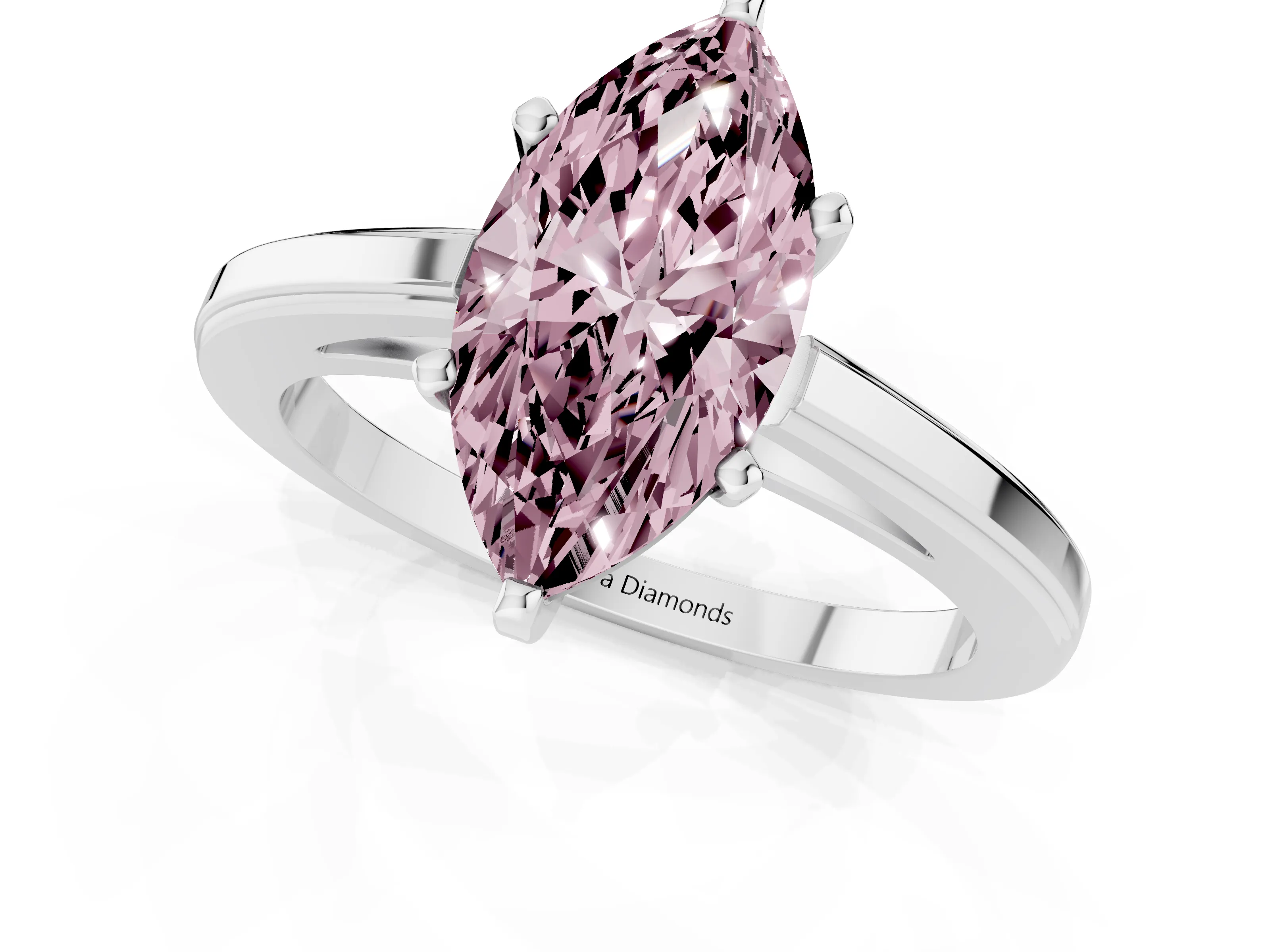 Fancy Pink Marquise Cut Diamond Solitaire Ring Set in Platinum with Prong Setting and Classic Band