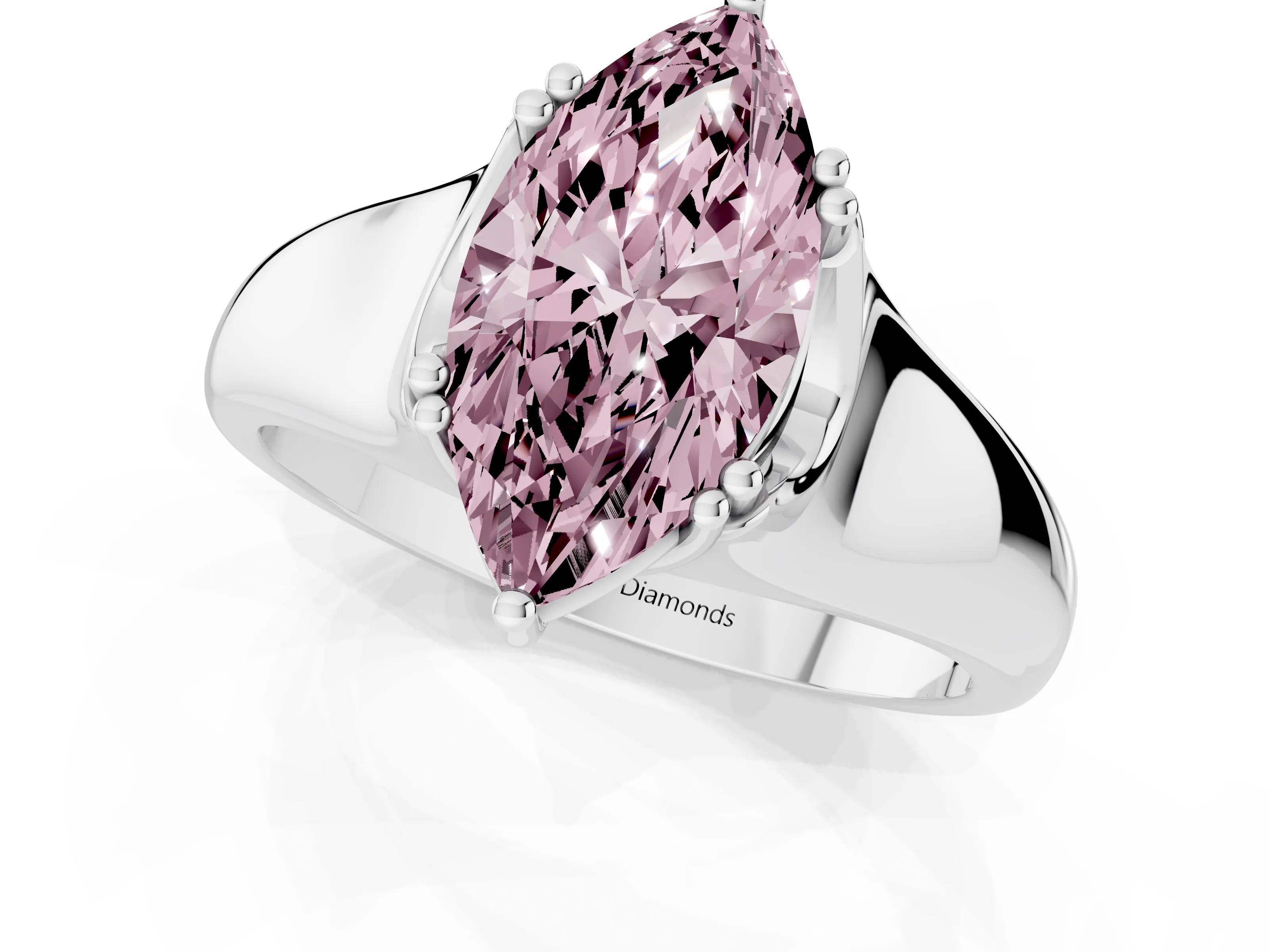 Fancy Pink Marquise Cut Diamond Solitaire Ring Set in White gold with Wide Band and Prong Setting